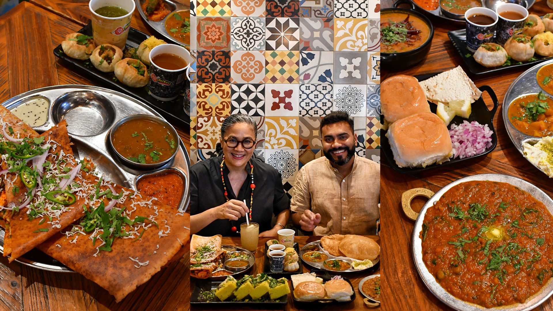 Triptych featuring Pani Puri, Powerhouse Associate, Kylie Kwong and Chatkazz owner, Suraj Pancal and a flat lay of dishes from Chatkazz.