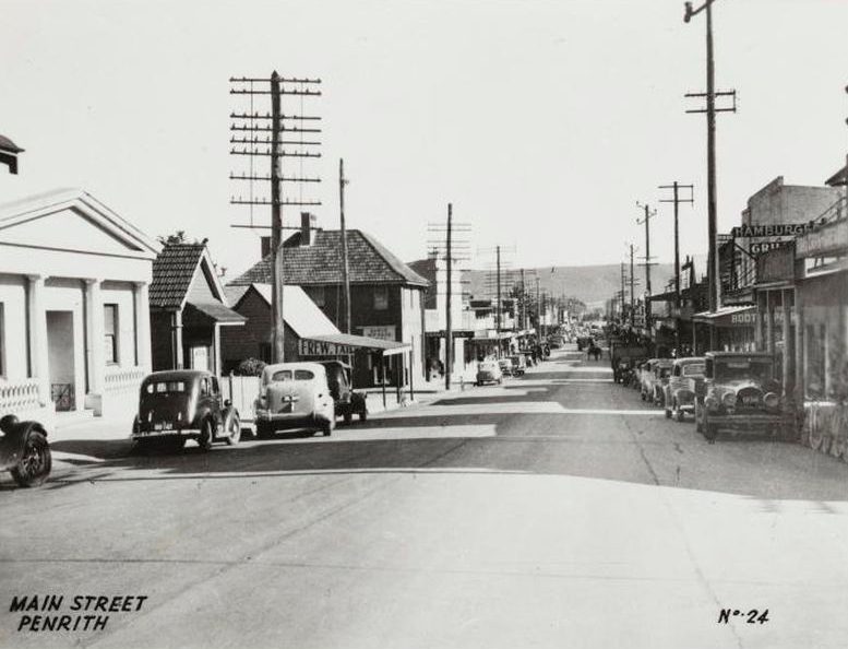Landscape-format black and white photographic print of Main Street, Penrith, New South Wales.