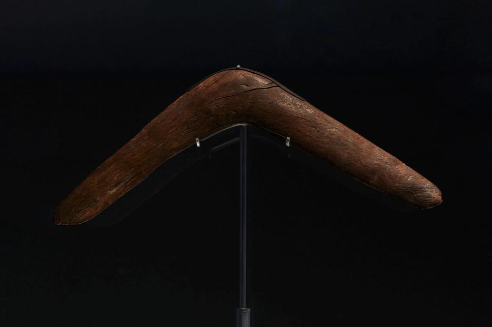 An exhibition view of a wooden Boomerang with a steel reinforcing collar attached to the centre of the boomerang.