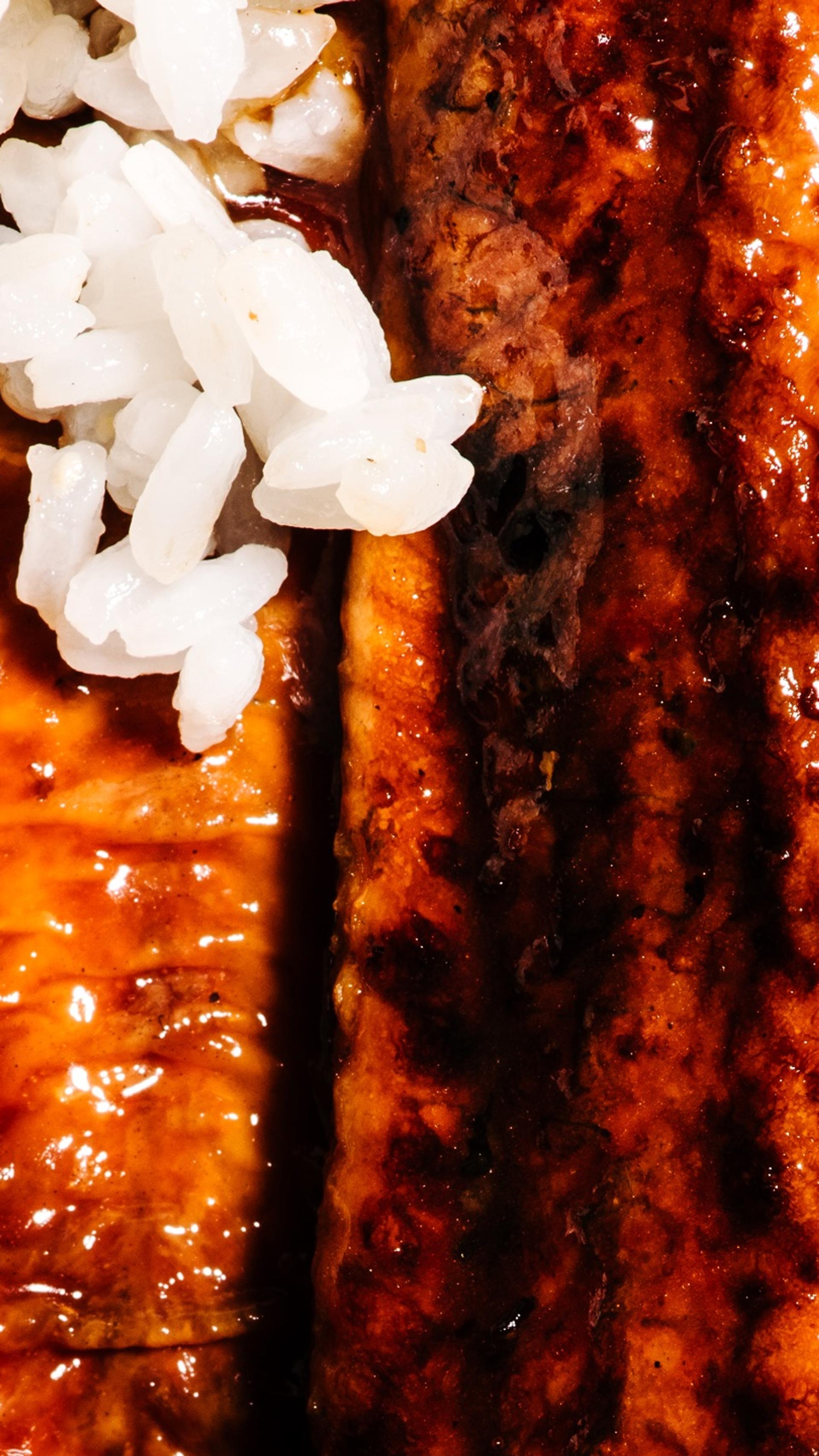 Close up of soy glazed eel. There are bits of cooked rice in the top left of the image and sporadically down the left side.