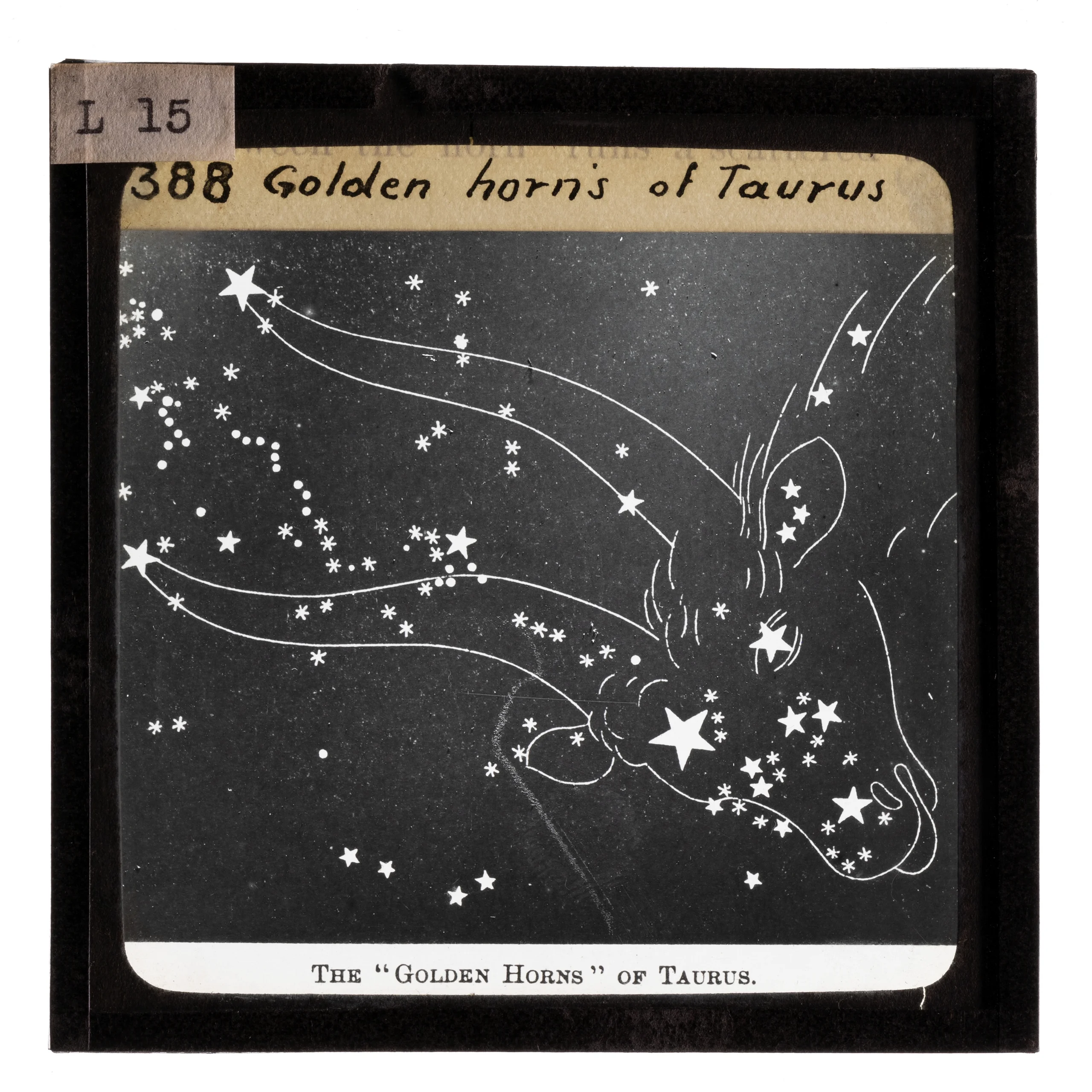 A lantern slide showing an illustrated diagram of the 'Golden Horns' of Taurus constellation.