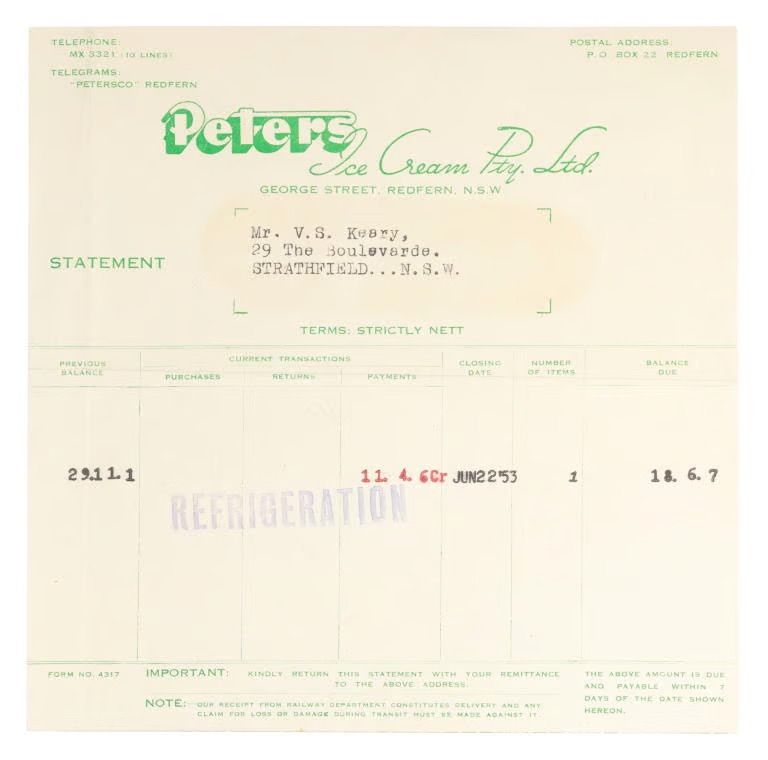 A paper payment statement for ‘Peters Ice Cream Pty. Ltd.’ with green, black, and red text.