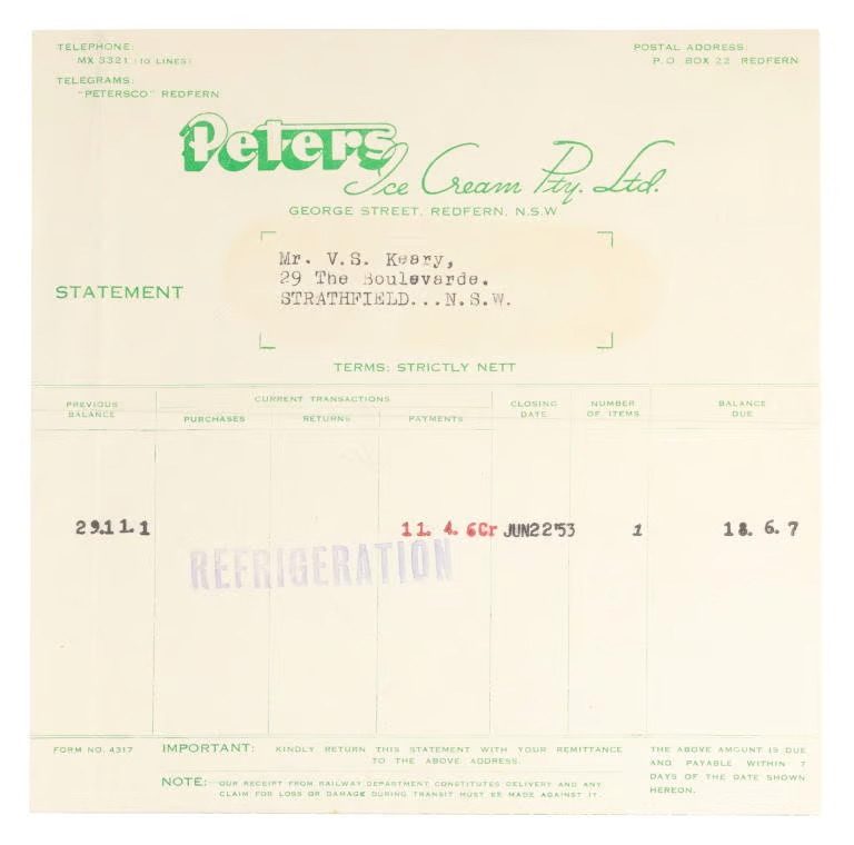 A paper payment statement for ‘Peters Ice Cream Pty. Ltd.’ with green, black, and red text.