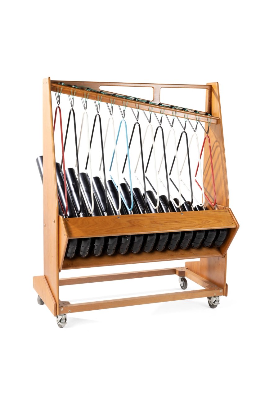 A wooden percussion instrument with 13 metal bars on a white background.