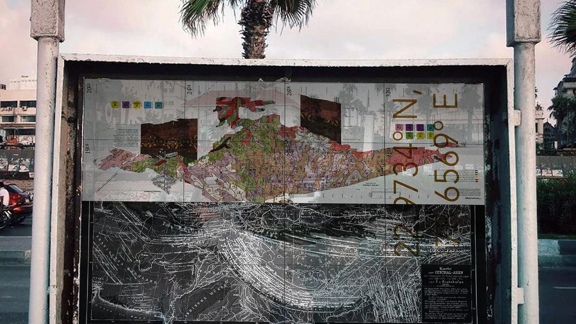 Abstract map depicting origins of popular dishes suspended in glass between two white poles.