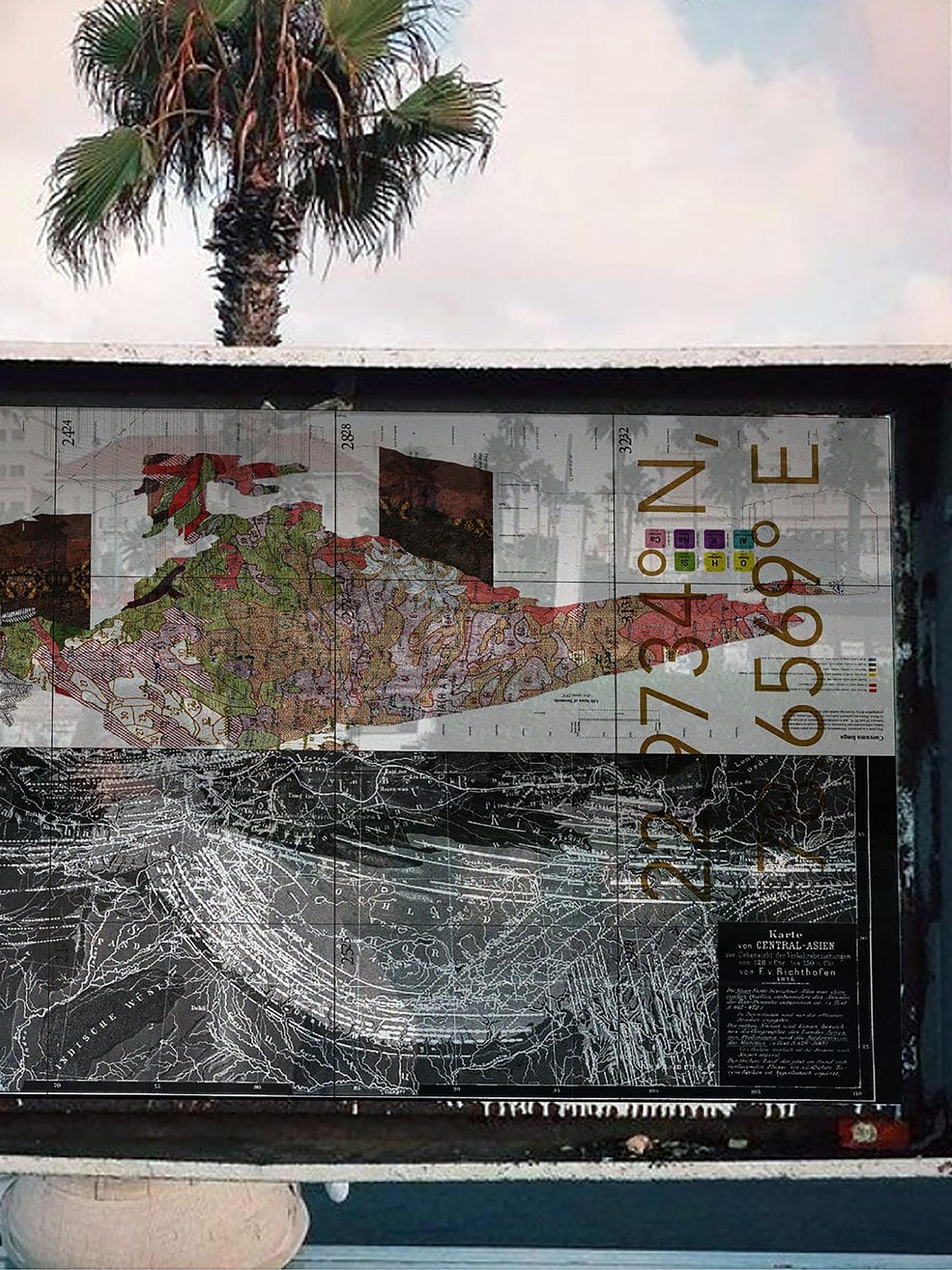 Abstract map depicting origins of popular dishes suspended in glass between two white poles.