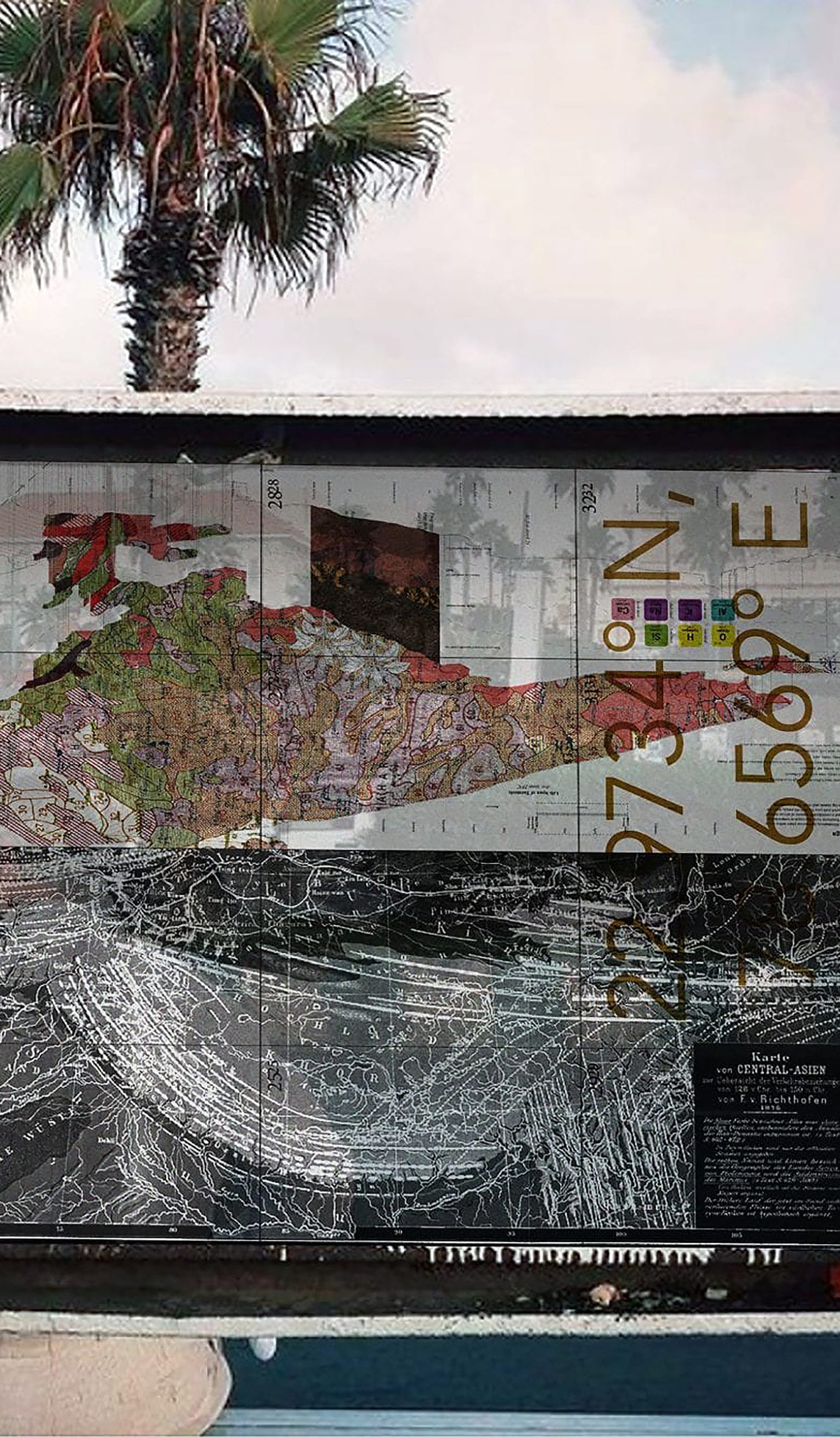 Abstract map depicting origins of popular dishes suspended in glass between two white poles.