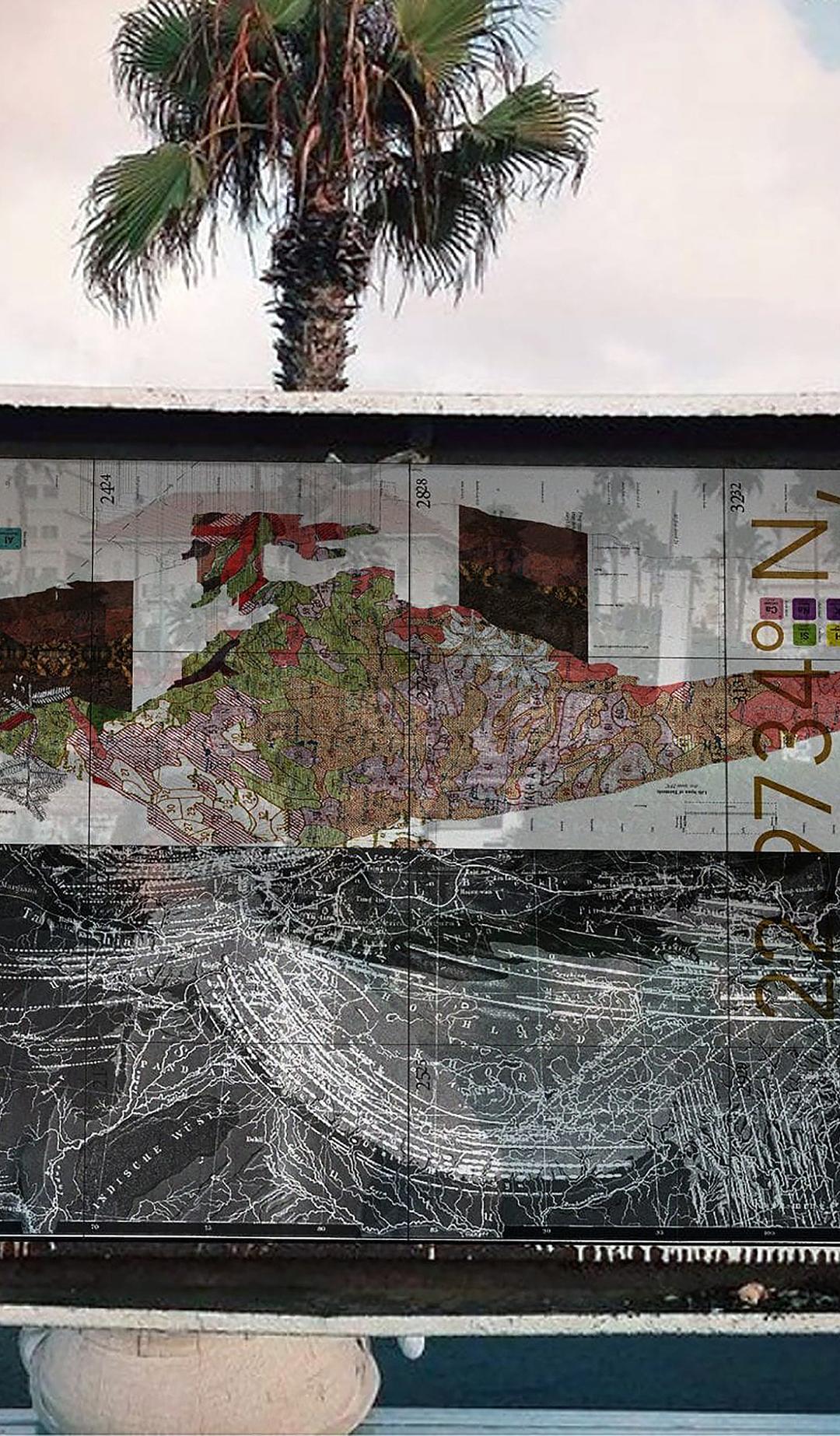 Abstract map depicting origins of popular dishes suspended in glass between two white poles.