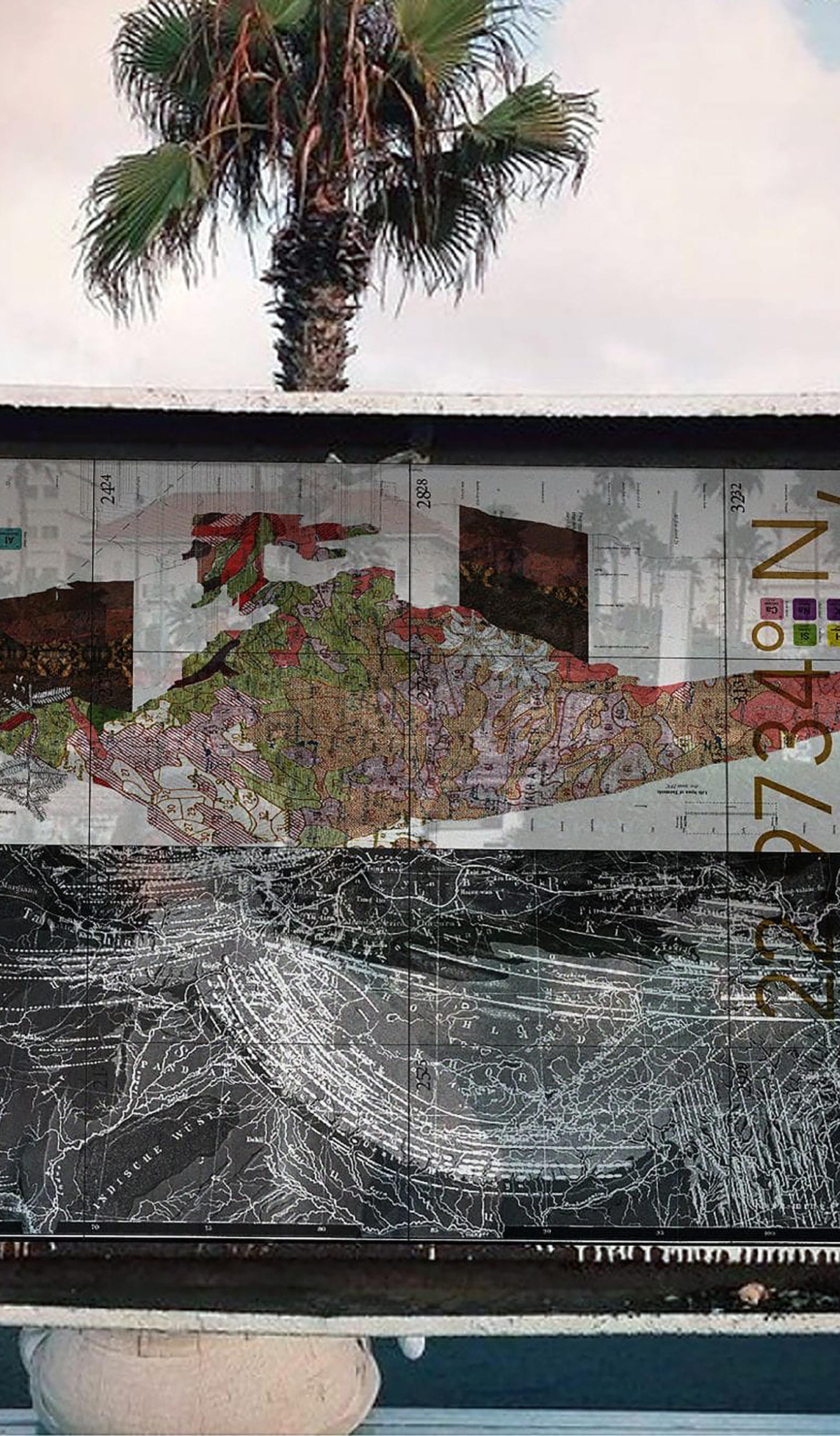 Abstract map depicting origins of popular dishes suspended in glass between two white poles.