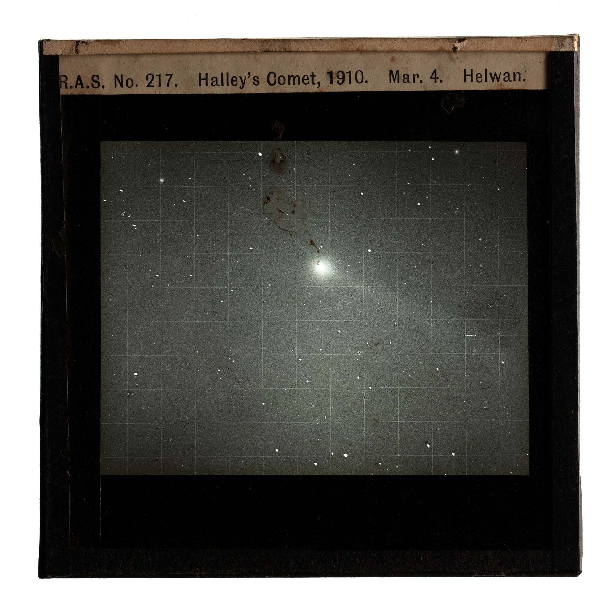 Glass plate slide showing a comet in the sky. The comet has a bright region with a faint trail behind it. It sits against a background of stars. There are grid markings on the image, and a label across the top reads ‘R.A.S. No 217. Halley’s Comet, 1910. Mar 4. Helwan.’.