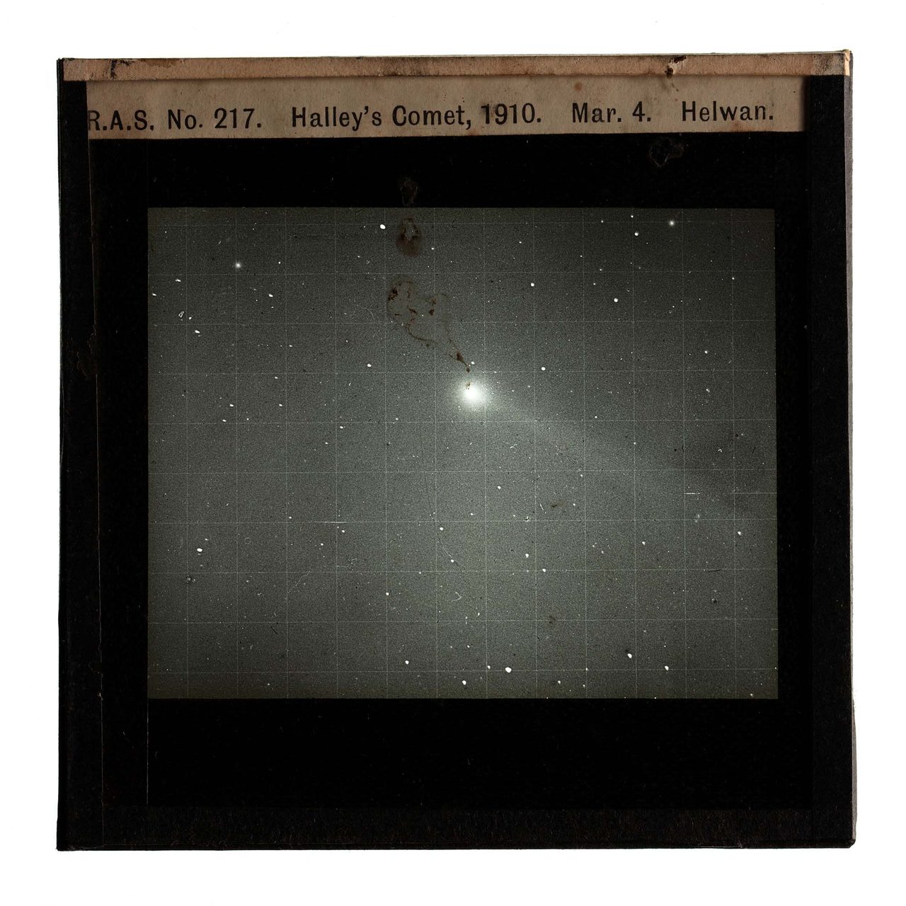 Glass plate slide showing a comet in the sky. The comet has a bright region with a faint trail behind it. It sits against a background of stars. There are grid markings on the image, and a label across the top reads ‘R.A.S. No 217. Halley’s Comet, 1910. Mar 4. Helwan.’.