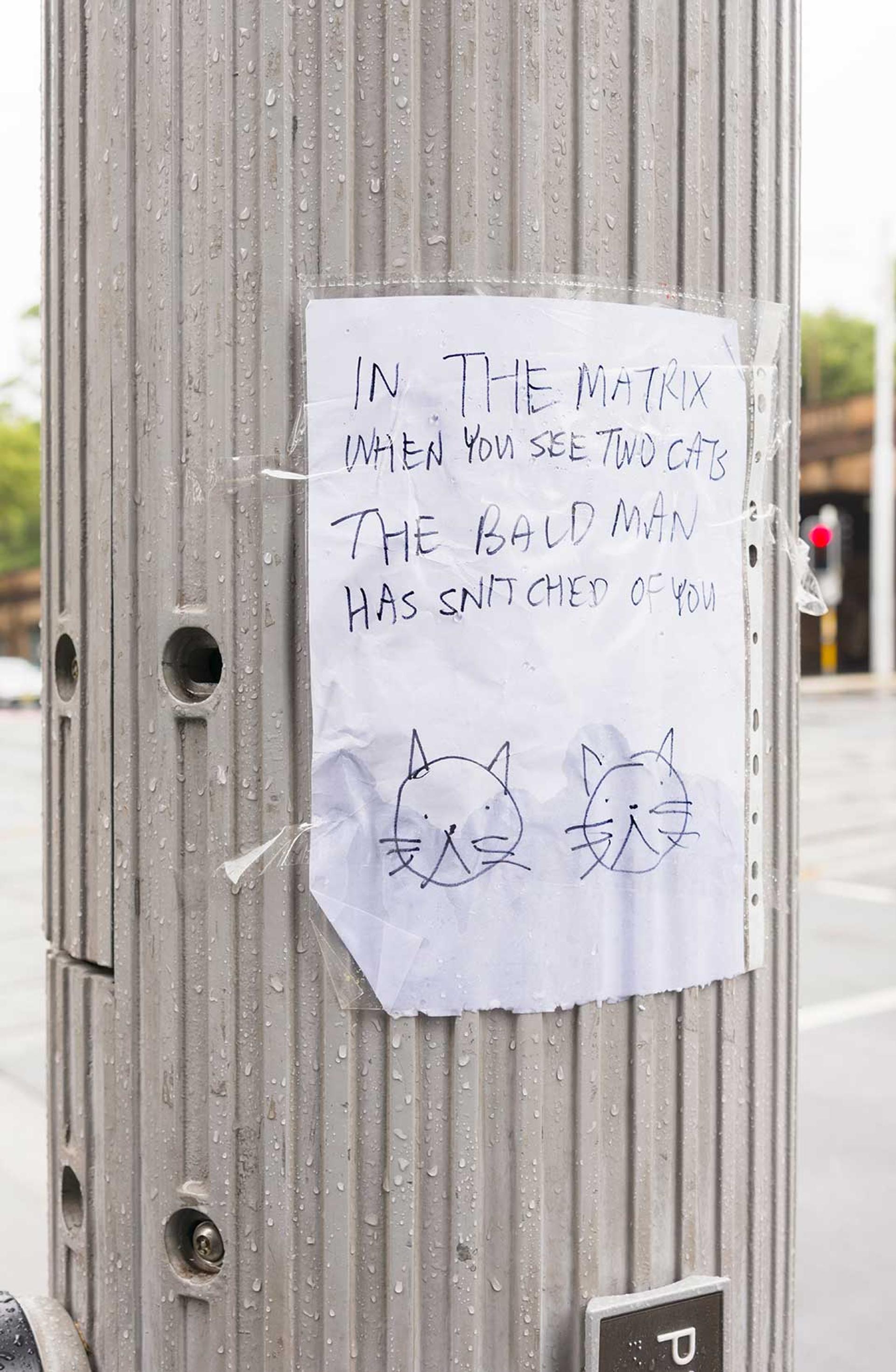 Note reading “IN THE MATRIX WHEN YOU SEE TWO CATS THE BALD MAN HAS SNITCHED ON YOU”
