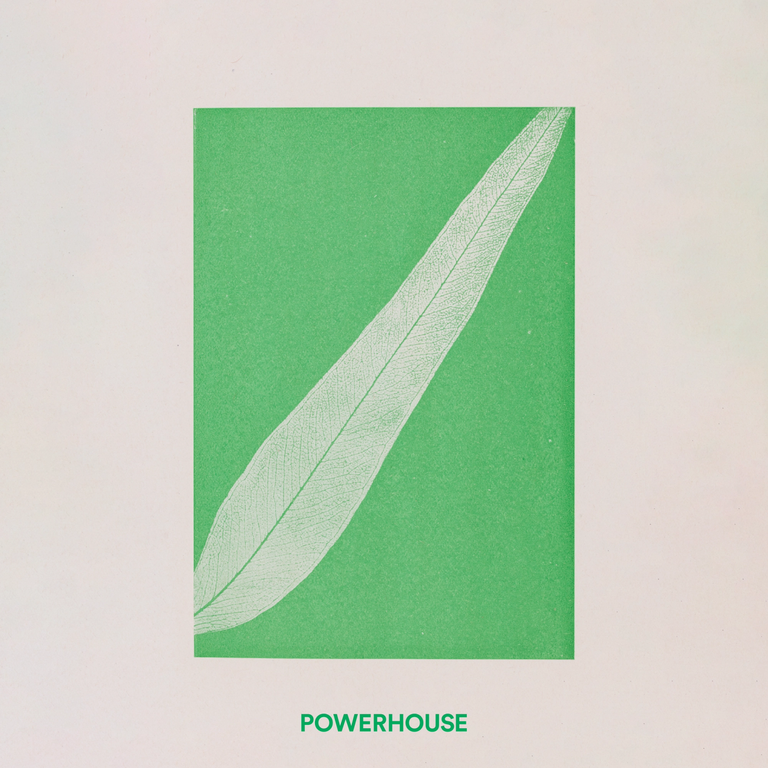 An illustration of a eucalyptus leaf on a green background. The text ‘Powerhouse’ is written below in green.