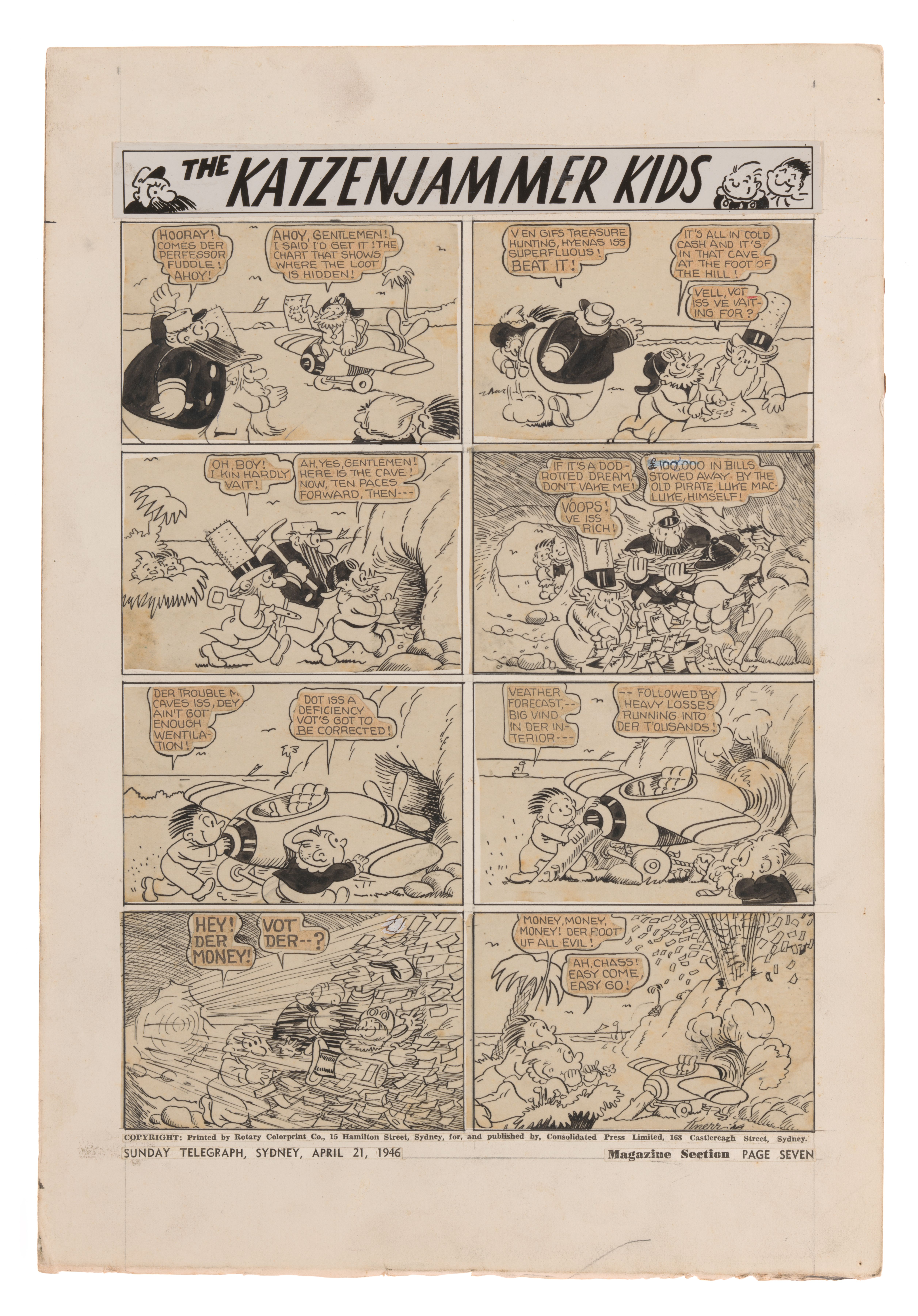 Pen and ink cartoon, wash and printed, Paper mounted on cardboard. 'The Katzenjammer Kids', Knerr, 1946, collected by Cecil Arthur Butler.