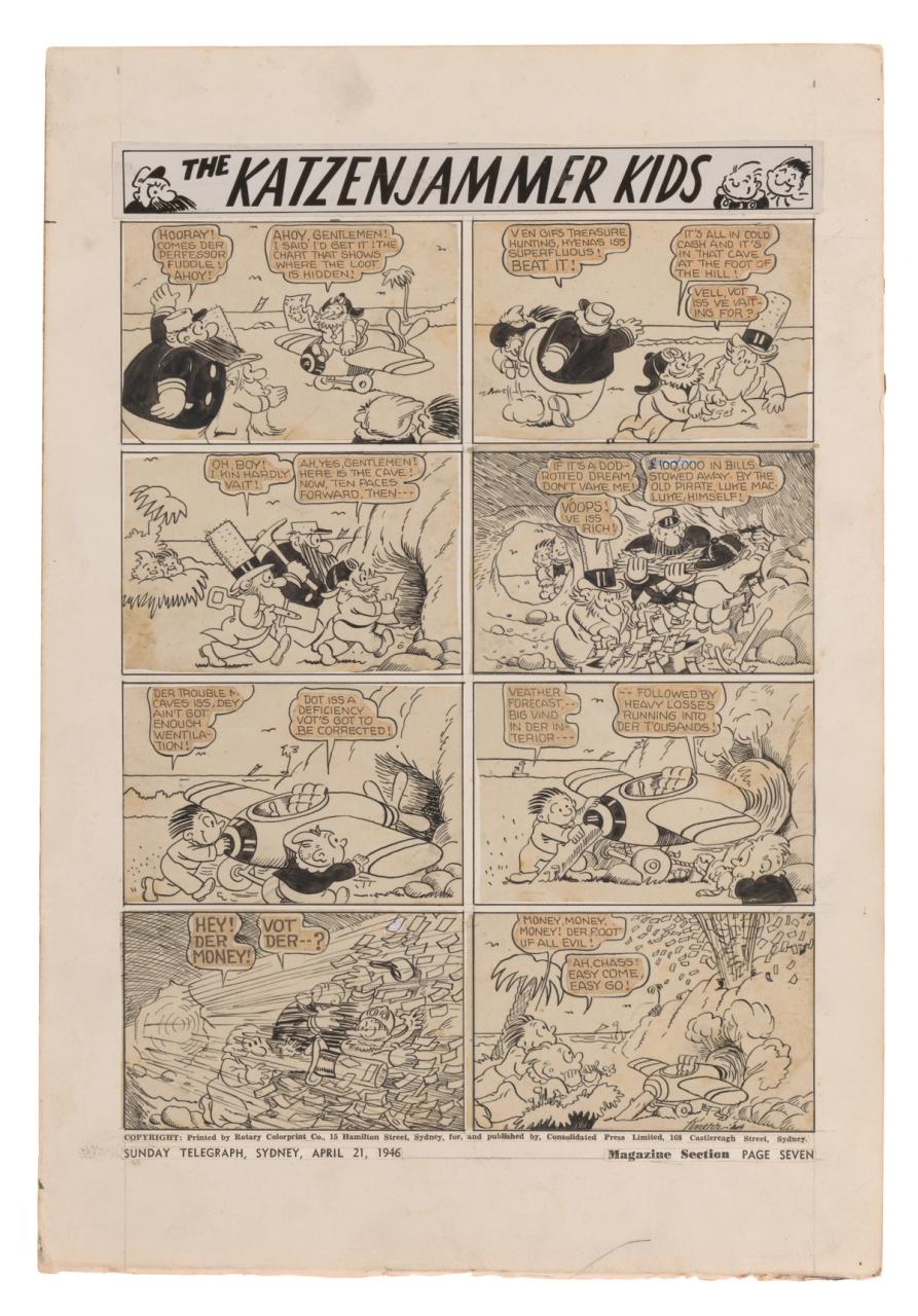 Pen and ink cartoon, wash and printed, Paper mounted on cardboard. 'The Katzenjammer Kids', Knerr, 1946, collected by Cecil Arthur Butler.