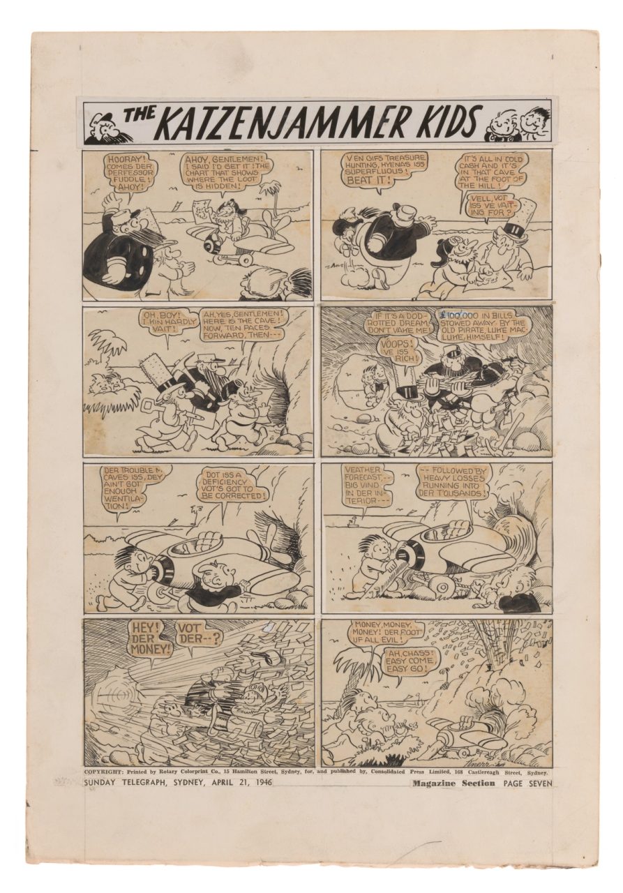 Pen and ink cartoon, wash and printed, Paper mounted on cardboard. 'The Katzenjammer Kids', Knerr, 1946, collected by Cecil Arthur Butler.