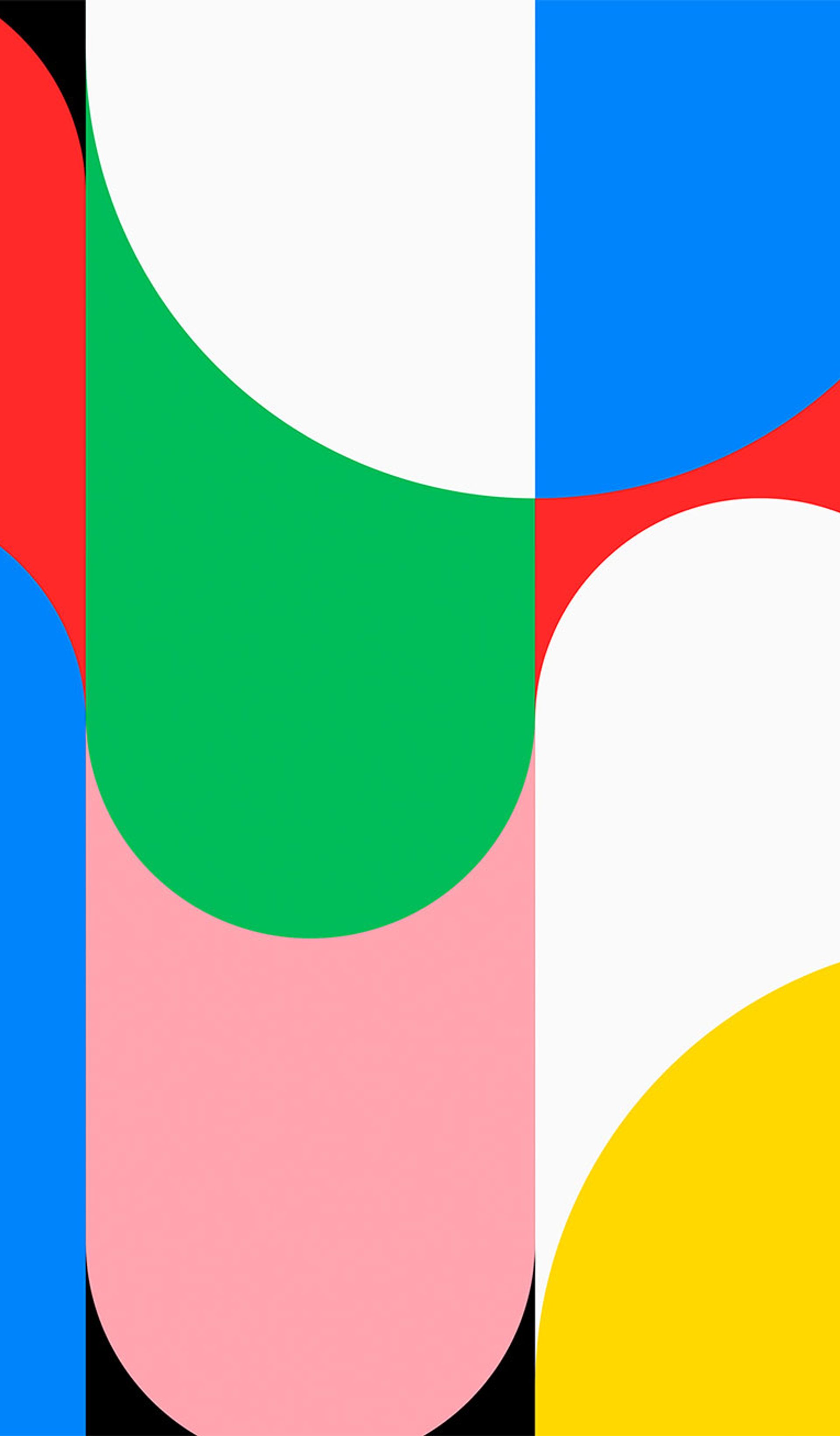 Abstract pattern of red, blue, green, yellow, pink, white and black lines and shapes.