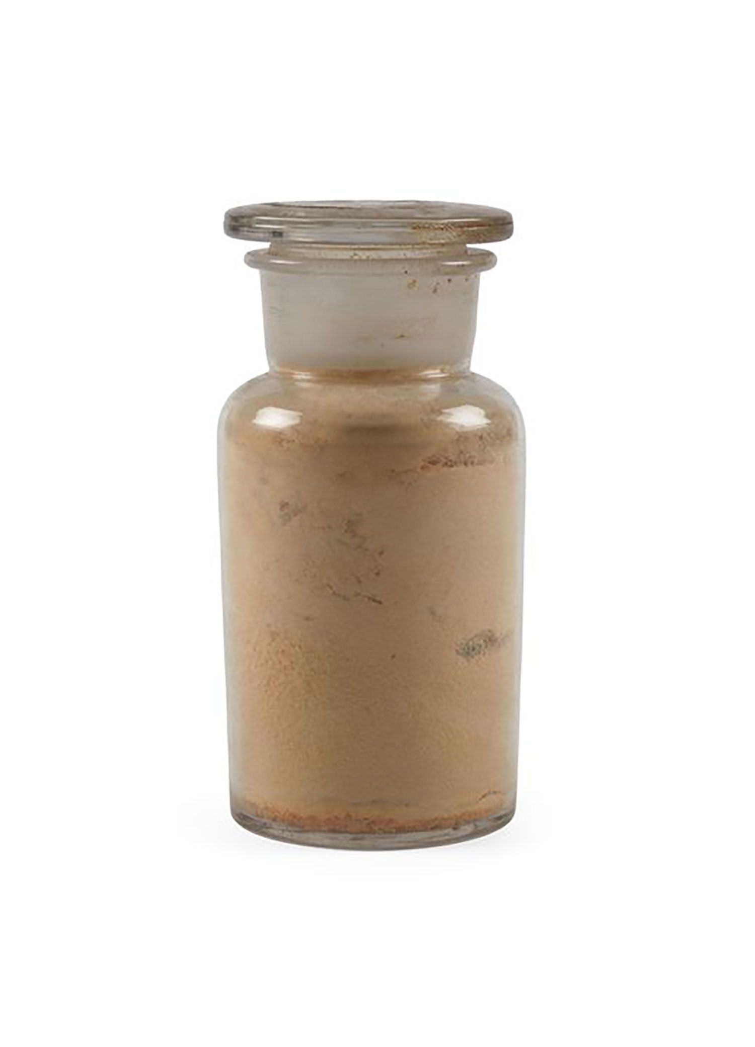 Half pound sample of soya bean flour in glass jar.