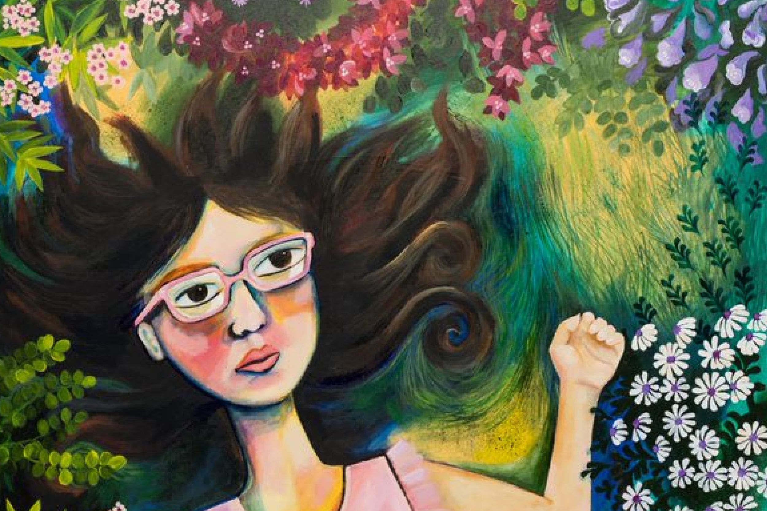 A painting of a woman lying in a garden bed. Her dark brown hair is splayed around her face.