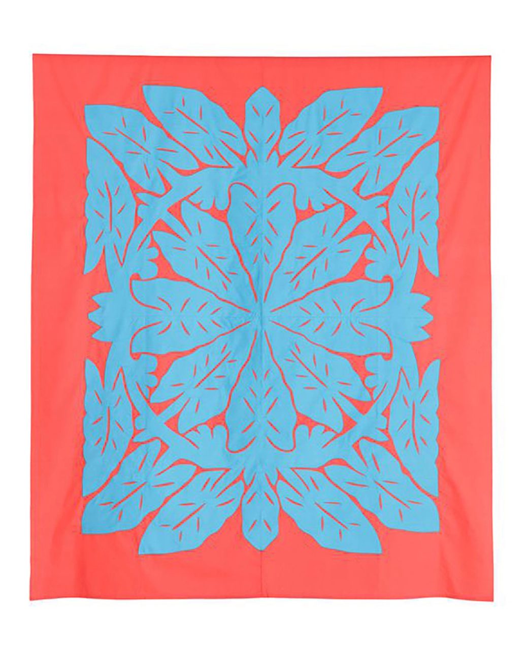 A large unlined, machine-hemmed piece of coral coloured cotton with machine-sewn blue cotton appliqué.