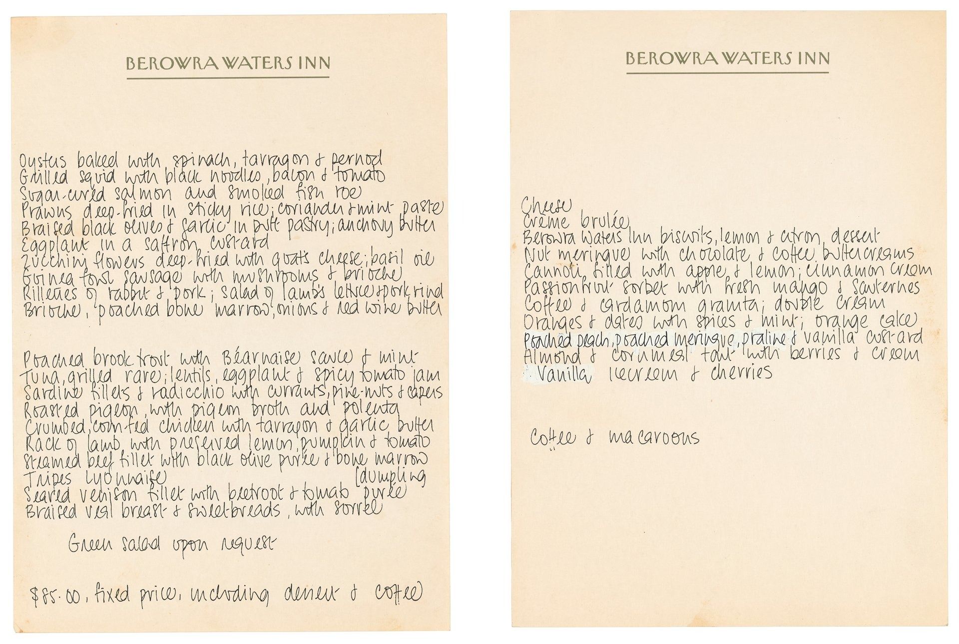 Berowra Waters Inn menu.