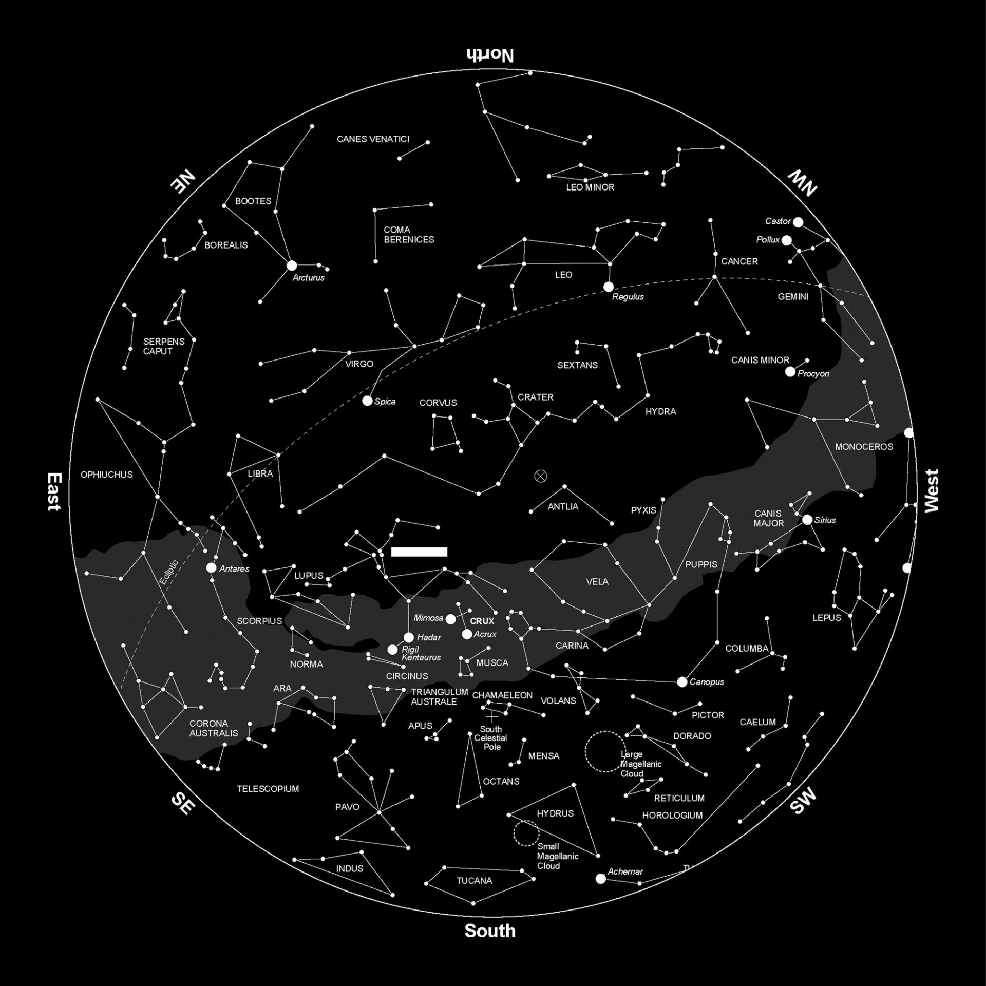A black and white star map, representing this month's constellations.