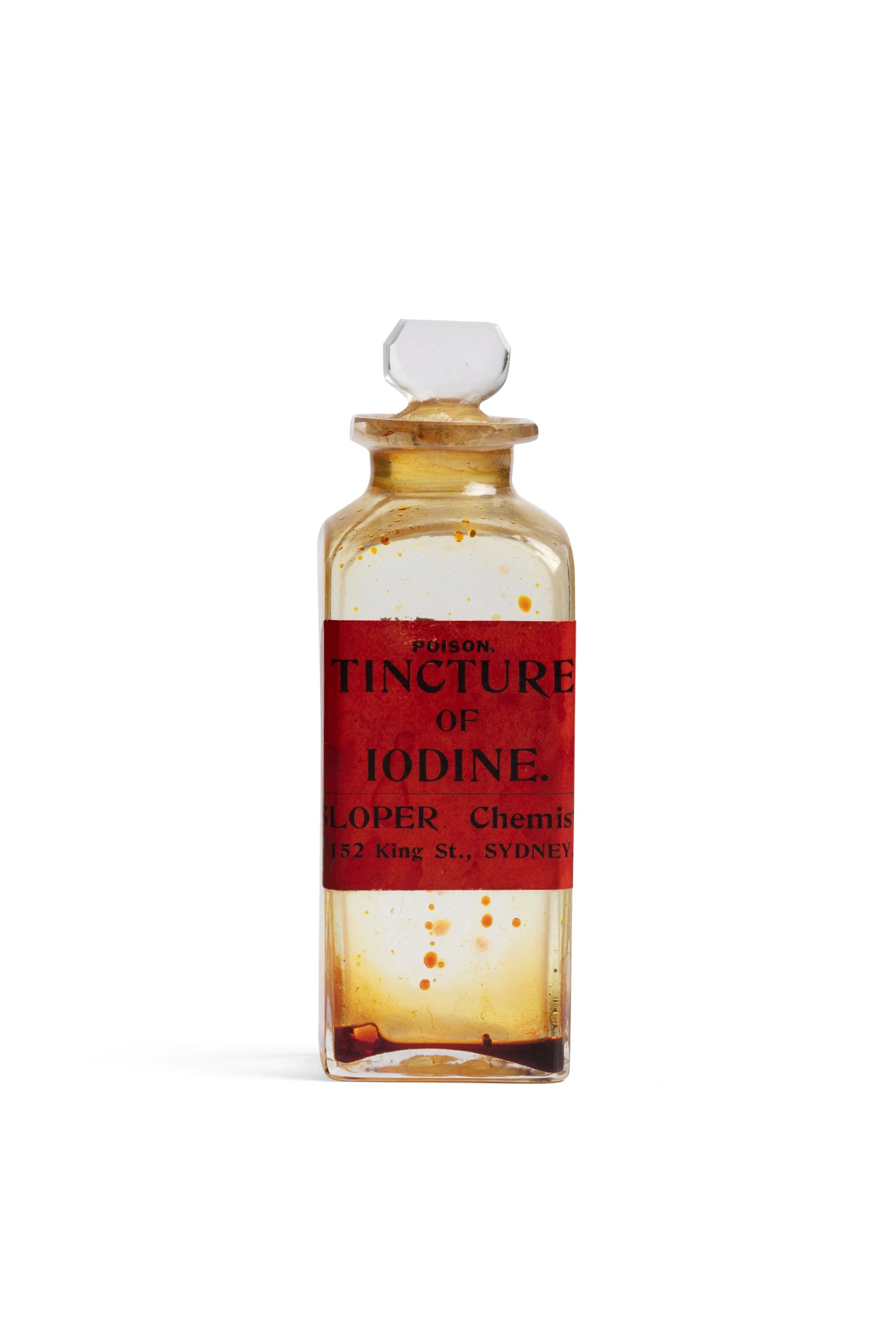 Clear bottle: 'POISON. TINCTURE OF IODINE'