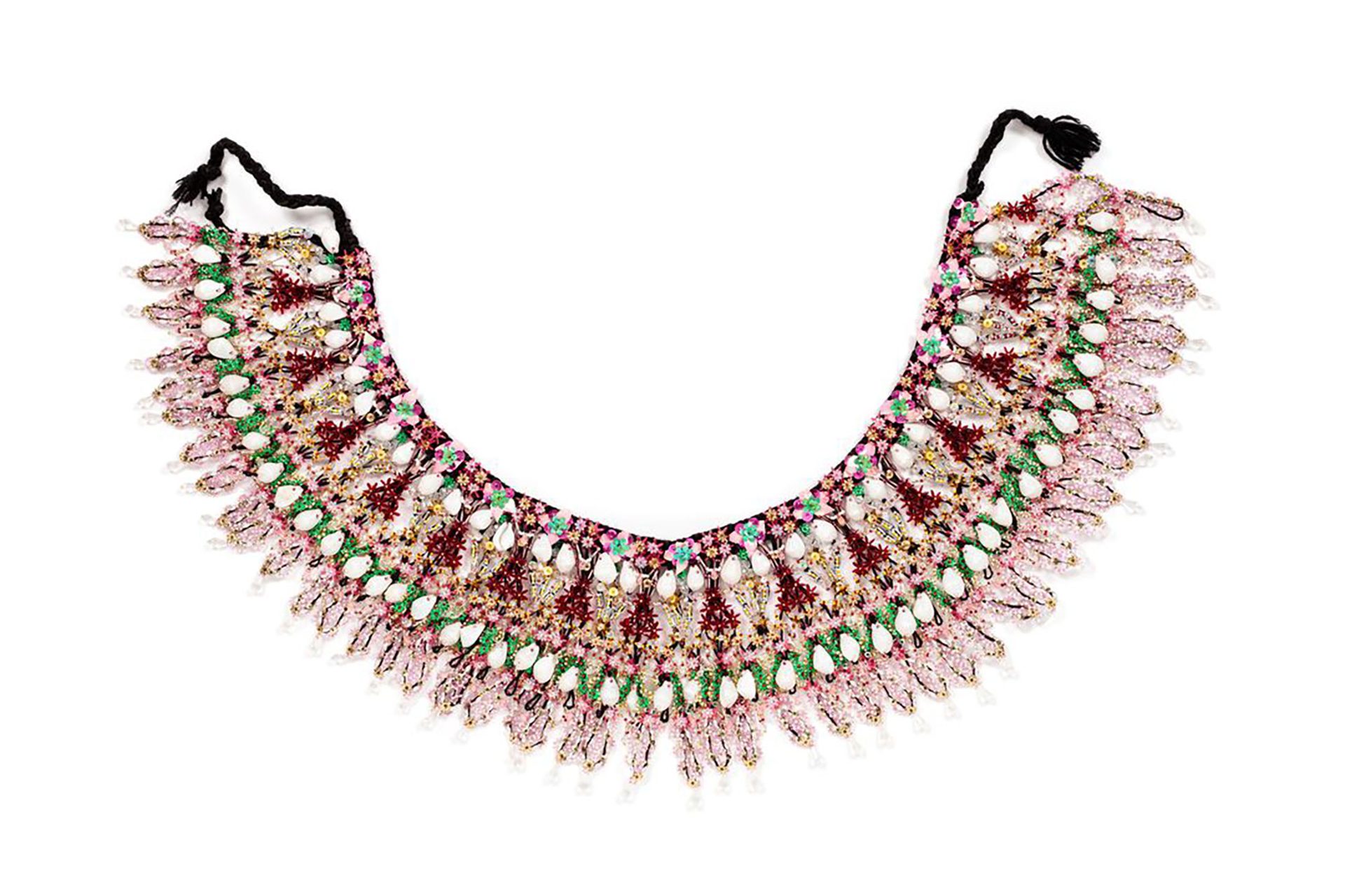 Black synthetic, plaited-braid, waistband with six bands of layered, threaded ornament consisting of a variety of coloured ornaments.