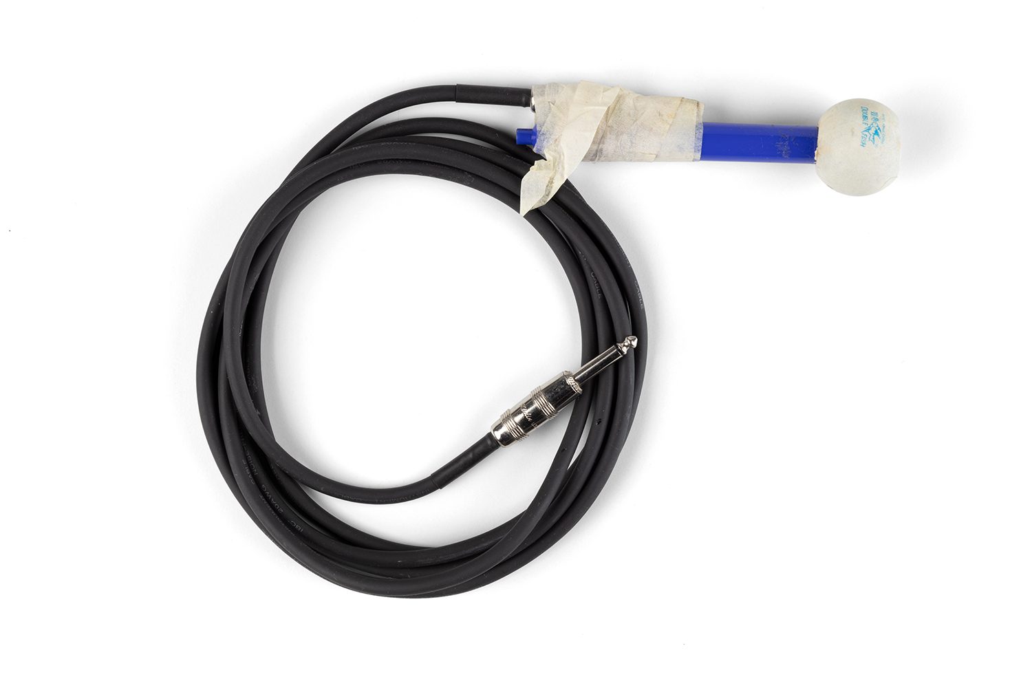 A microphone made of a long black coiled chord sticky taped to a blue handle with a ping pong ball for the mouth piece.