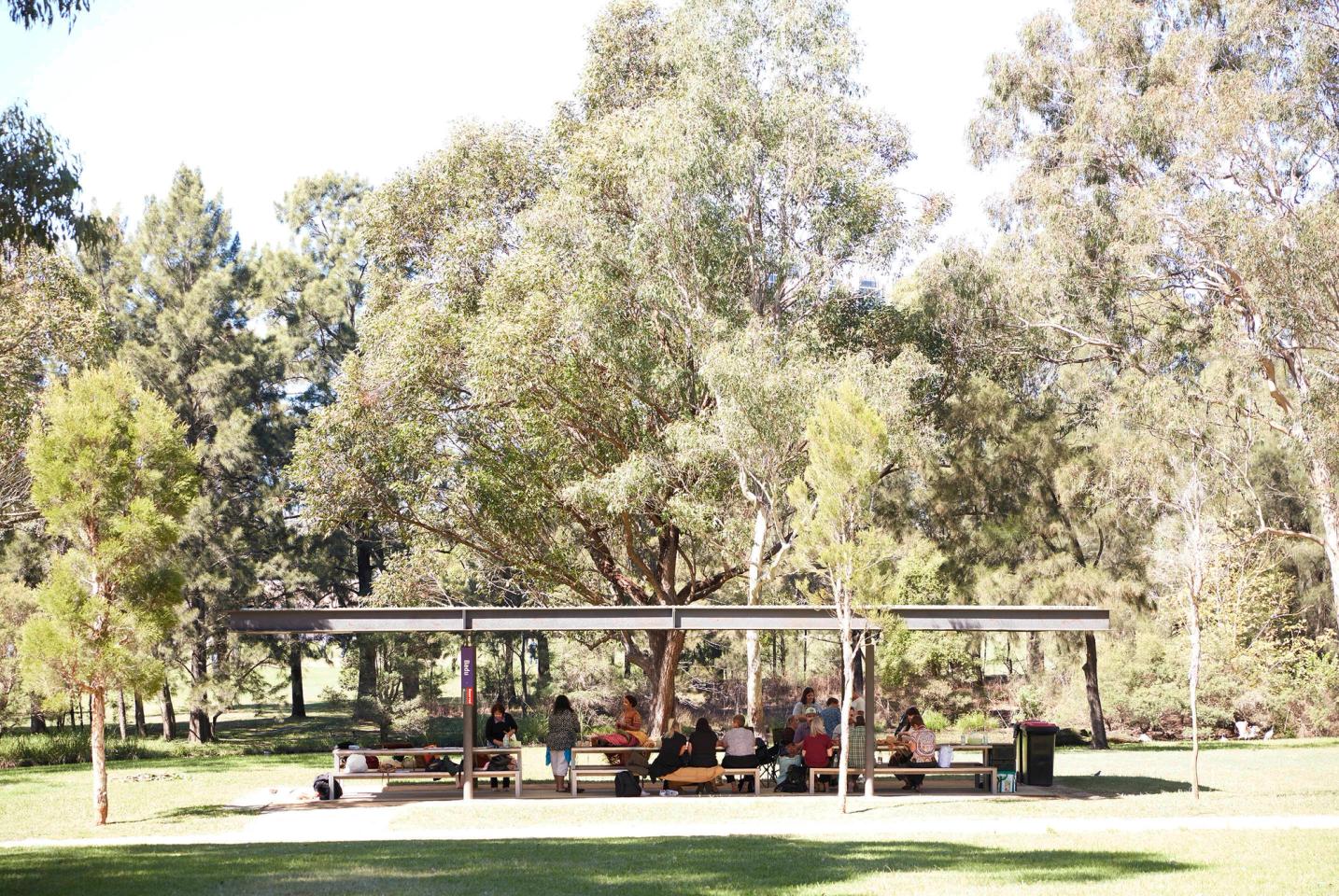 People under a shelter in a park with trees.