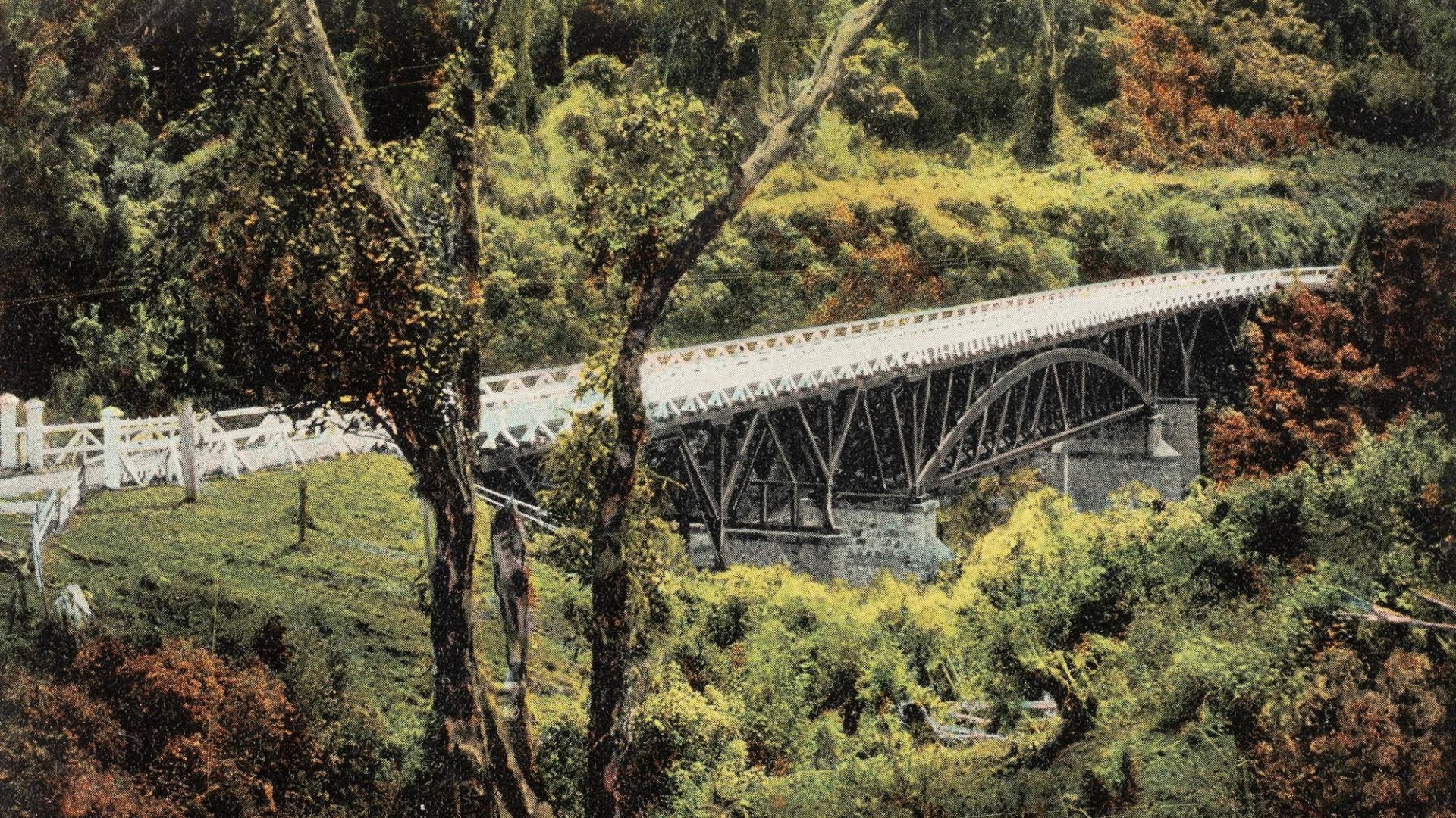 Postcard photo of bridge and green surroundings