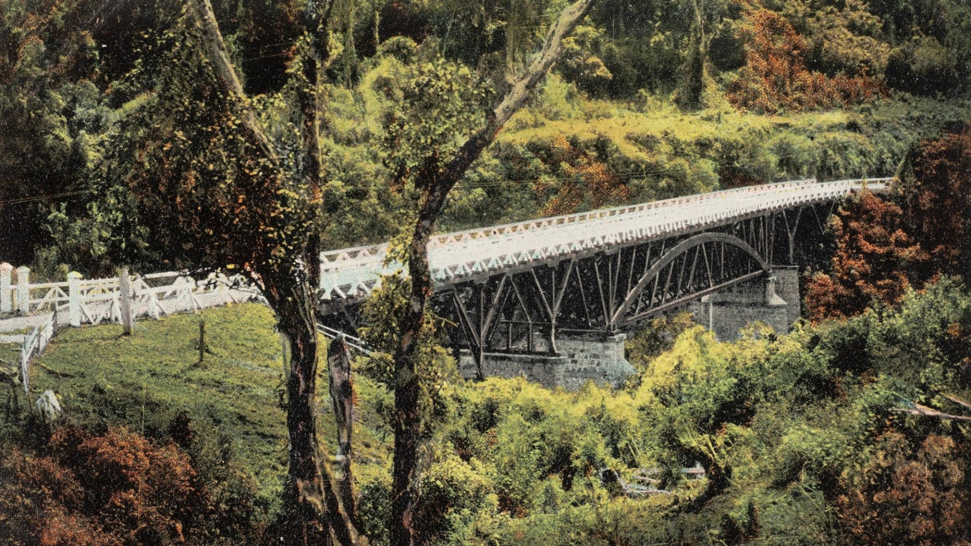 Postcard photo of bridge and green surroundings