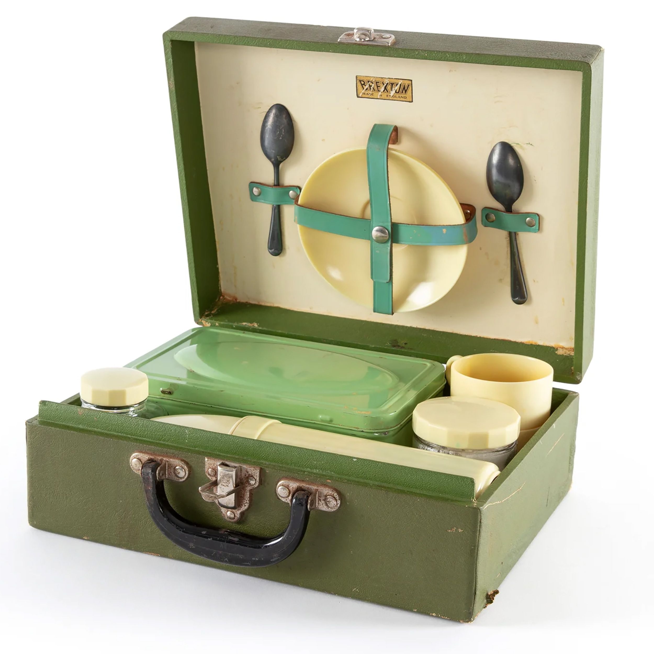 Green picnic case and contents.