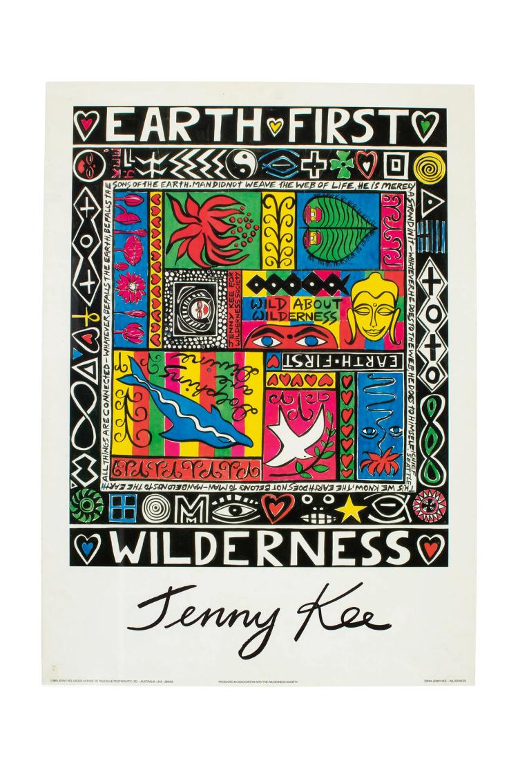A colourful poster print with the text ‘earth first wilderness. Jenny kee.’ and symbols of peace, religion and nature.