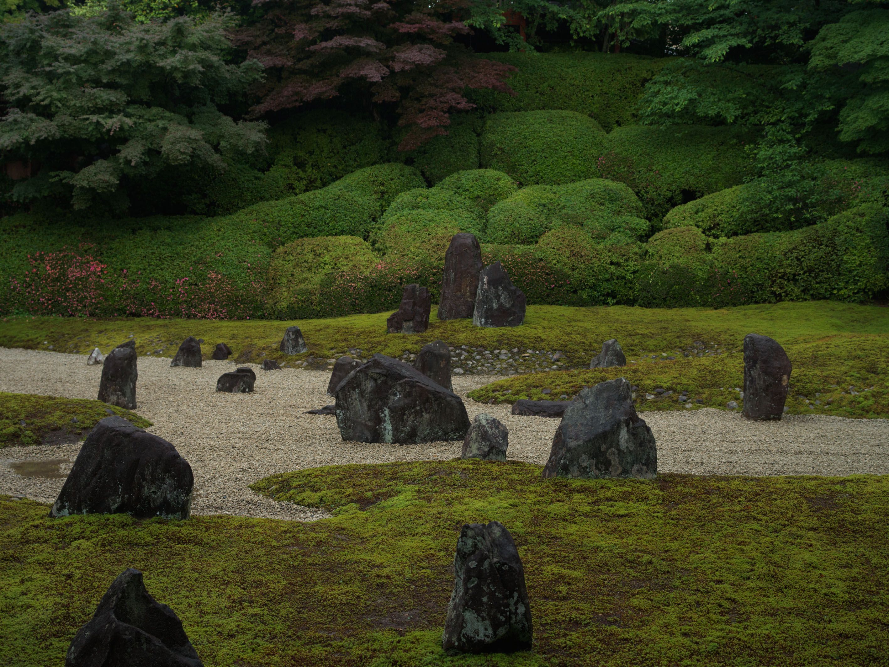 A landscape of boulders peeping out of the ground in Japan.