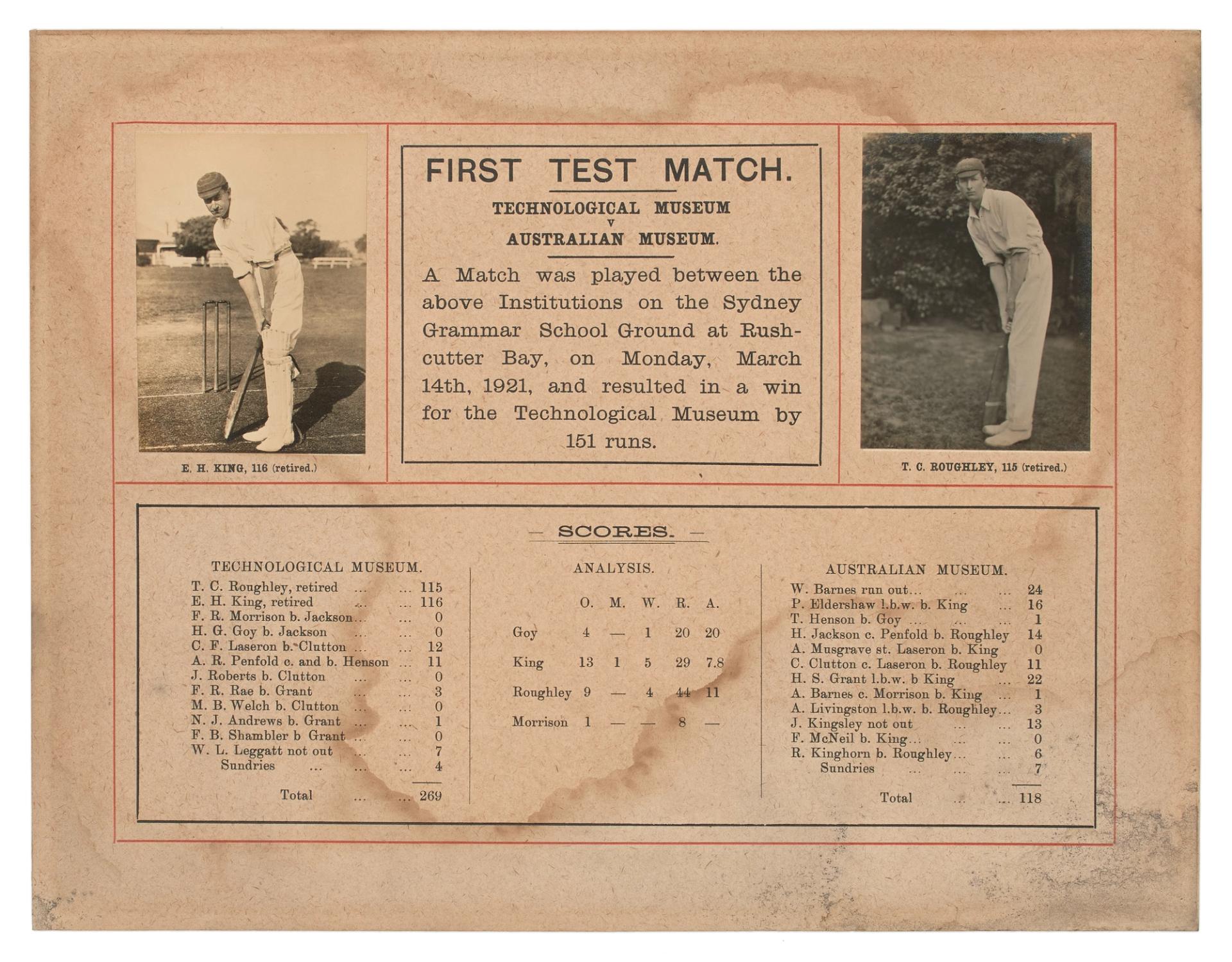 Old cricket scoresheet with the title ‘FIRST TEST MATCH. TECHNOLOGICAL MUSEUM v AUSTRALIAN MUSEUM’ and black-and-white photos of two players.