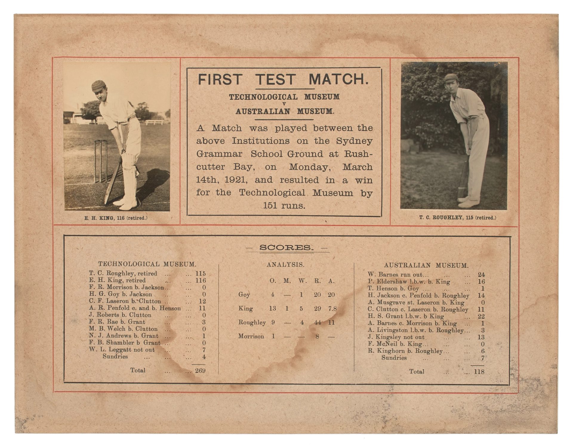 Old cricket scoresheet with the title ‘FIRST TEST MATCH. TECHNOLOGICAL MUSEUM v AUSTRALIAN MUSEUM’ and black-and-white photos of two players.