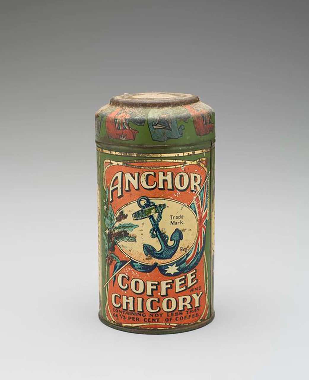 Cylindrical-shaped coffee and chicory tin made of metal. The tin is printed in red and green. Depicted on the front is an anchor, an Australian flag and a Union Jack. The words 'ANCHOR / COFFEE / AND / CHICORY' are written across the front.