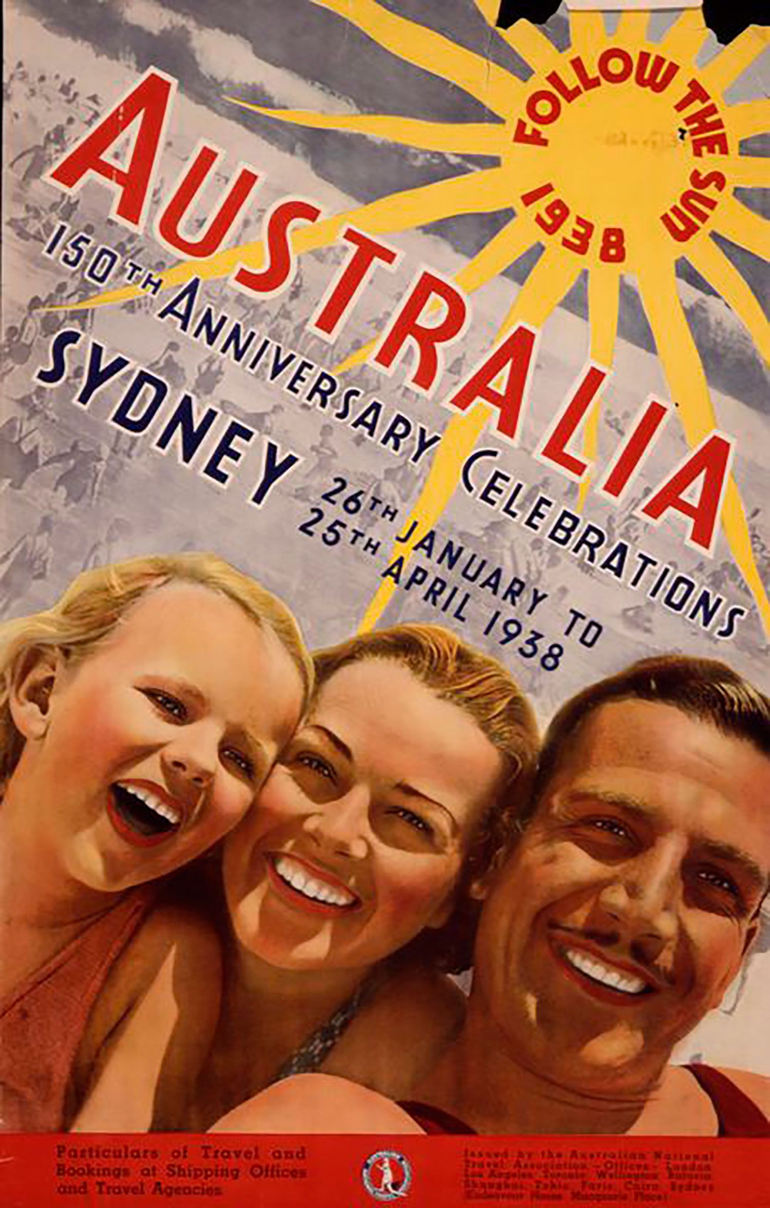 A poster with a yellow rising sun in the upper right corner and three large, smiling portraits (father, mother, child] in natural colours in the foreground. The grey background depicts the ocean and beach with people swimming.
