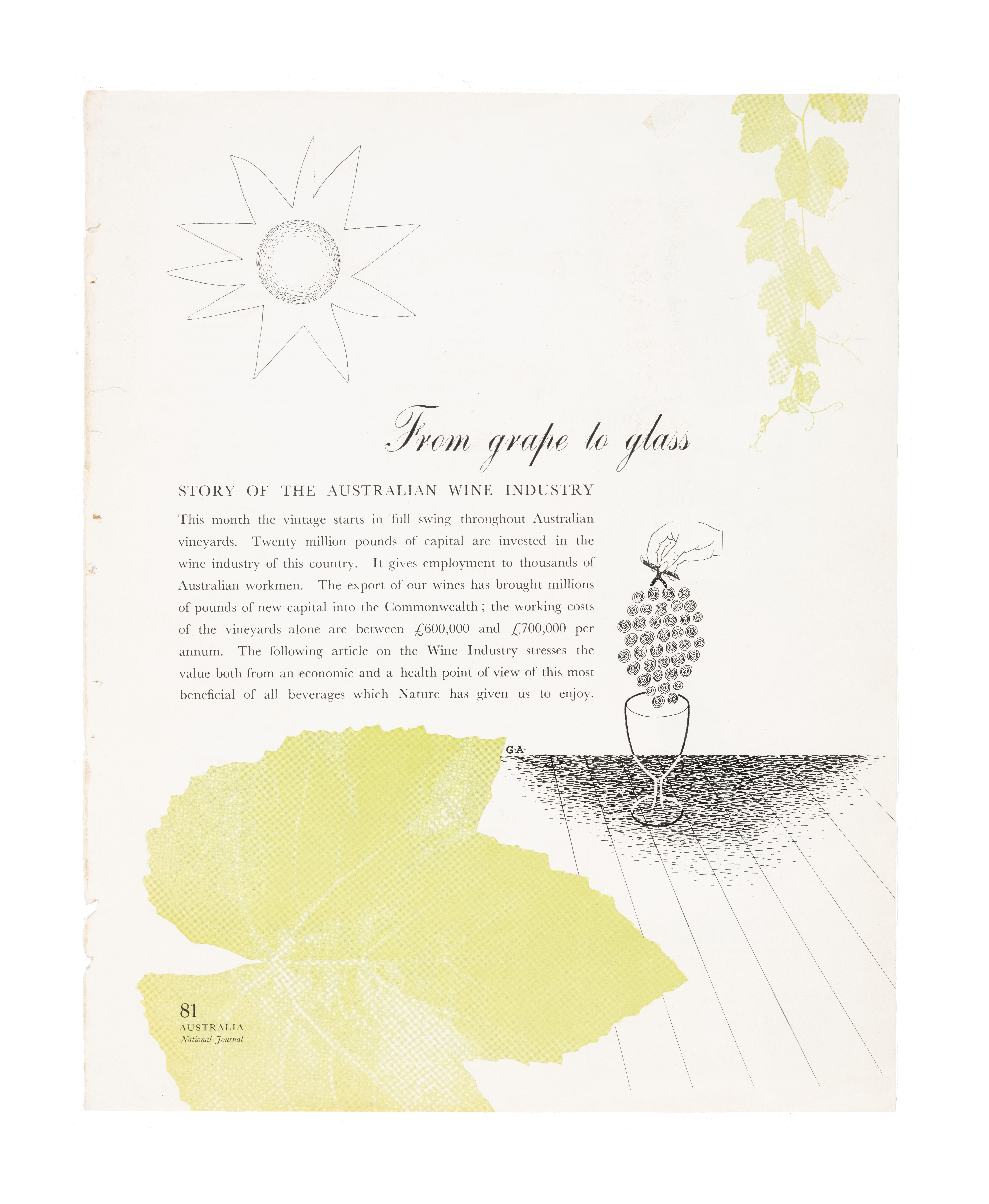 Two journal pages about the Australian wine industry, featuring complementary wine related illustrations in black and yellow.