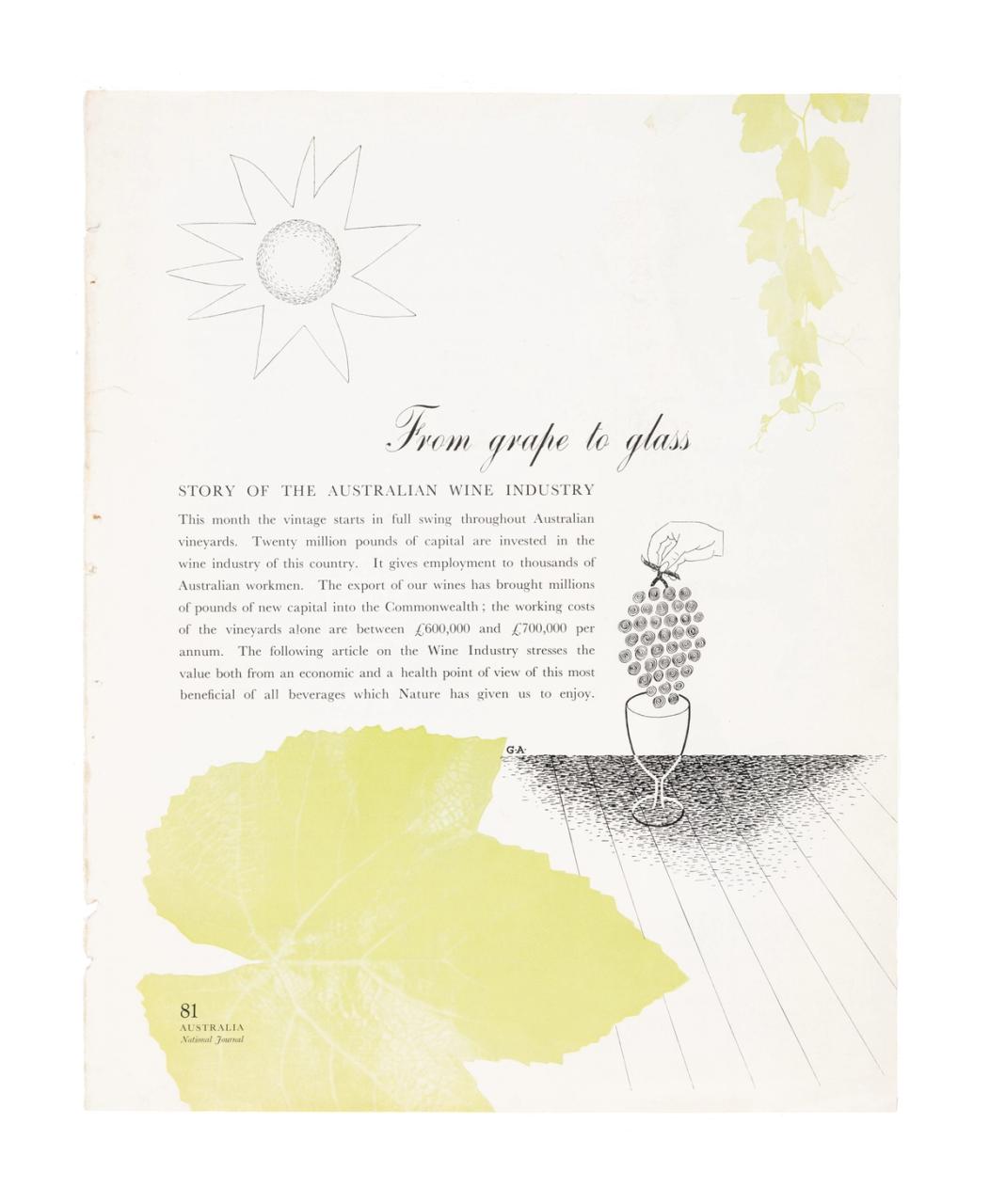 Two journal pages about the Australian wine industry, featuring complementary wine related illustrations in black and yellow.