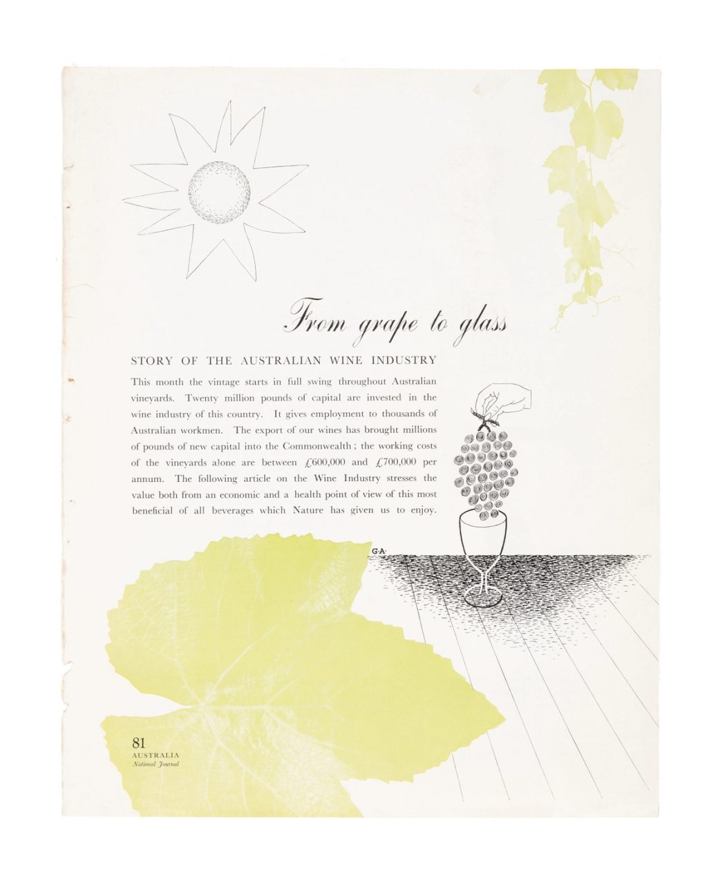 Two journal pages about the Australian wine industry, featuring complementary wine related illustrations in black and yellow.