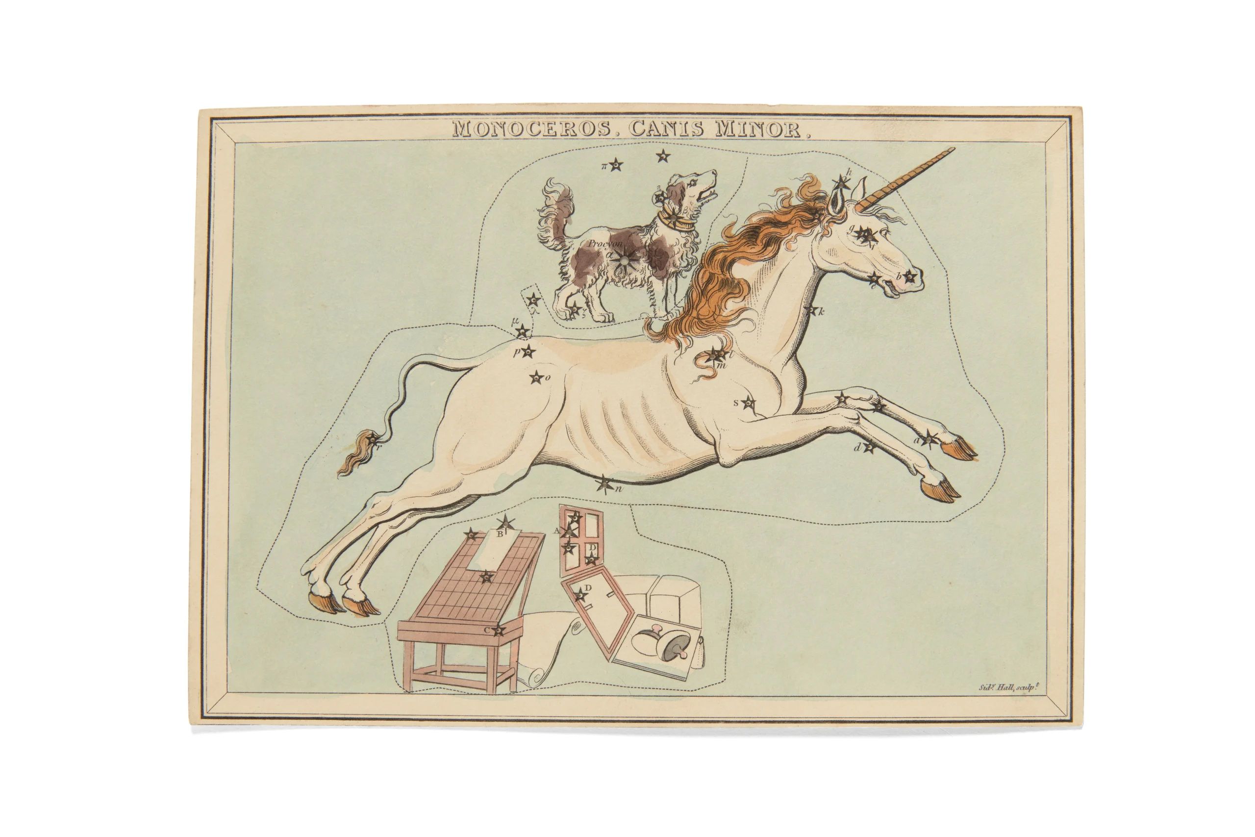 Rectangular cream card, hand coloured, printed top centre of card 'MONOCEROS, CANIS MINOR'. Blue wash background, image of a leaping white unicorn, a small long haired dog on its back. Smaller brown drawing board, windows and other objects below. Names and positions of stars and star groups within the constellation. Each star pierced at centre with small hold visible in reverse through backing sheet.