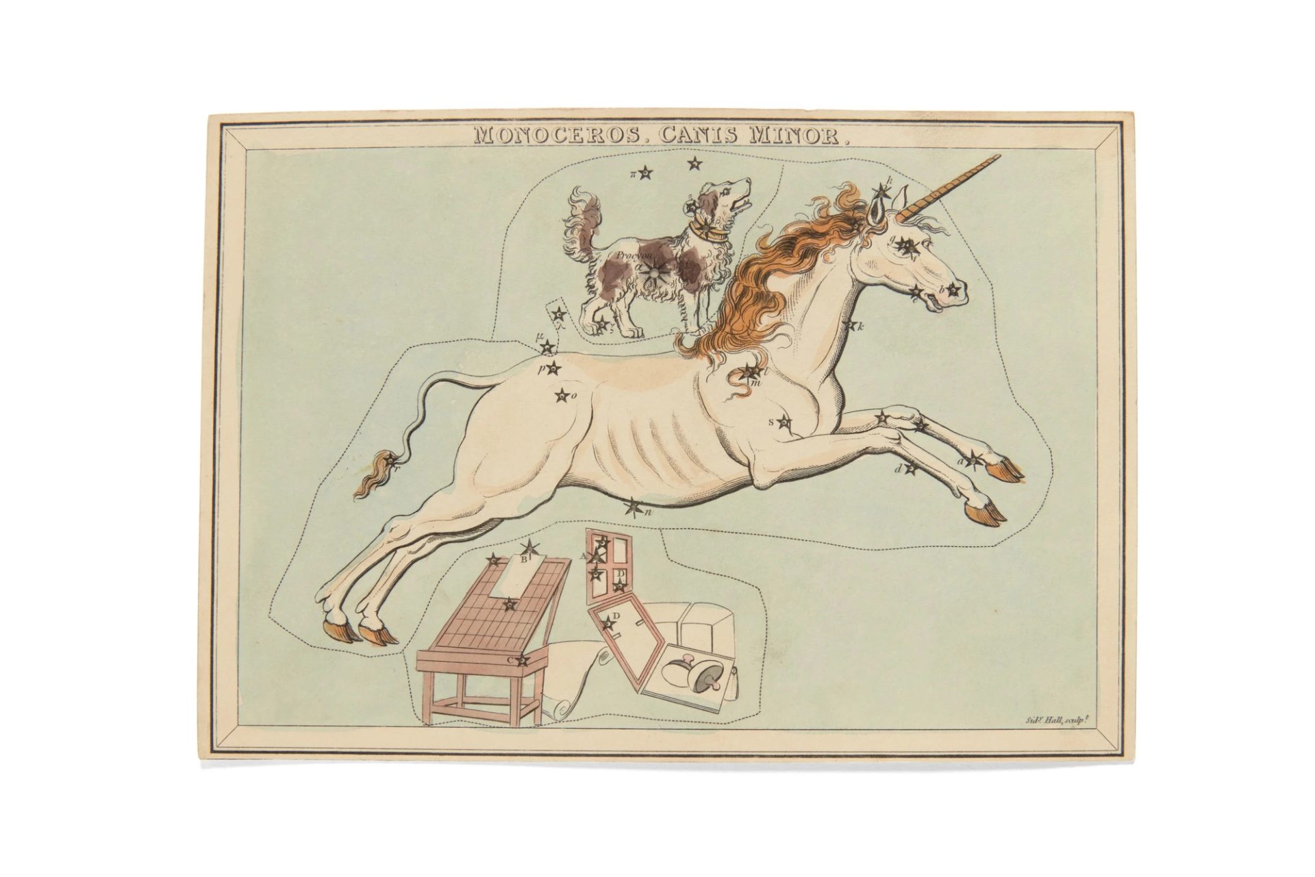 Rectangular cream card, hand coloured, printed top centre of card 'MONOCEROS, CANIS MINOR'. Blue wash background, image of a leaping white unicorn, a small long haired dog on its back. Smaller brown drawing board, windows and other objects below. Names and positions of stars and star groups within the constellation. Each star pierced at centre with small hold visible in reverse through backing sheet.