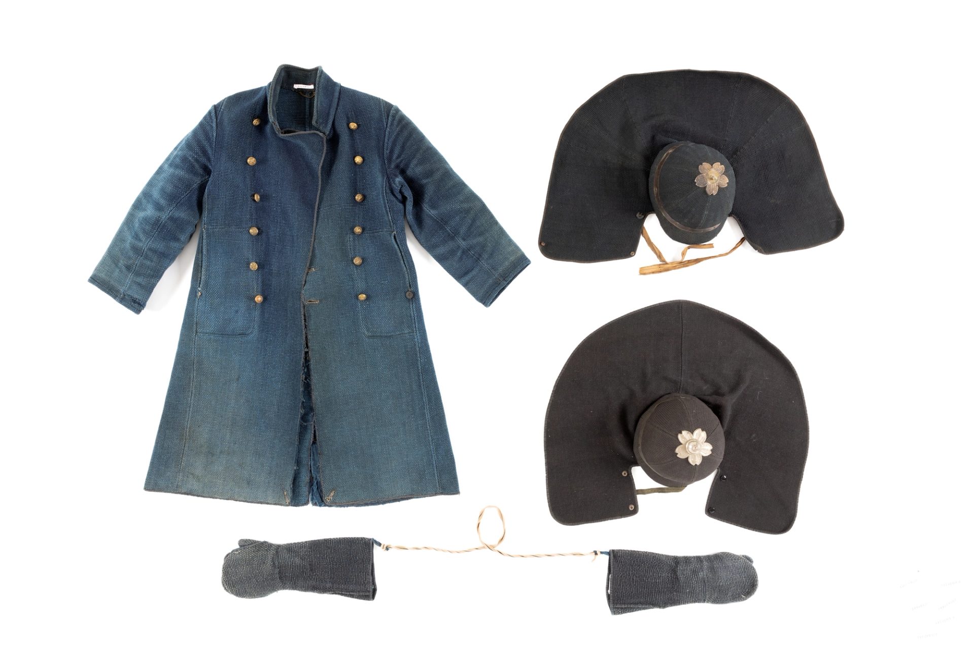 Japanese fireman's five piece costume in heavy indigo dyed cotton.