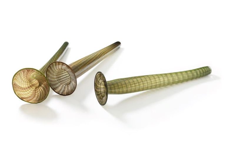 A glass sculpture resembling a traditional Indigenous eel trap.