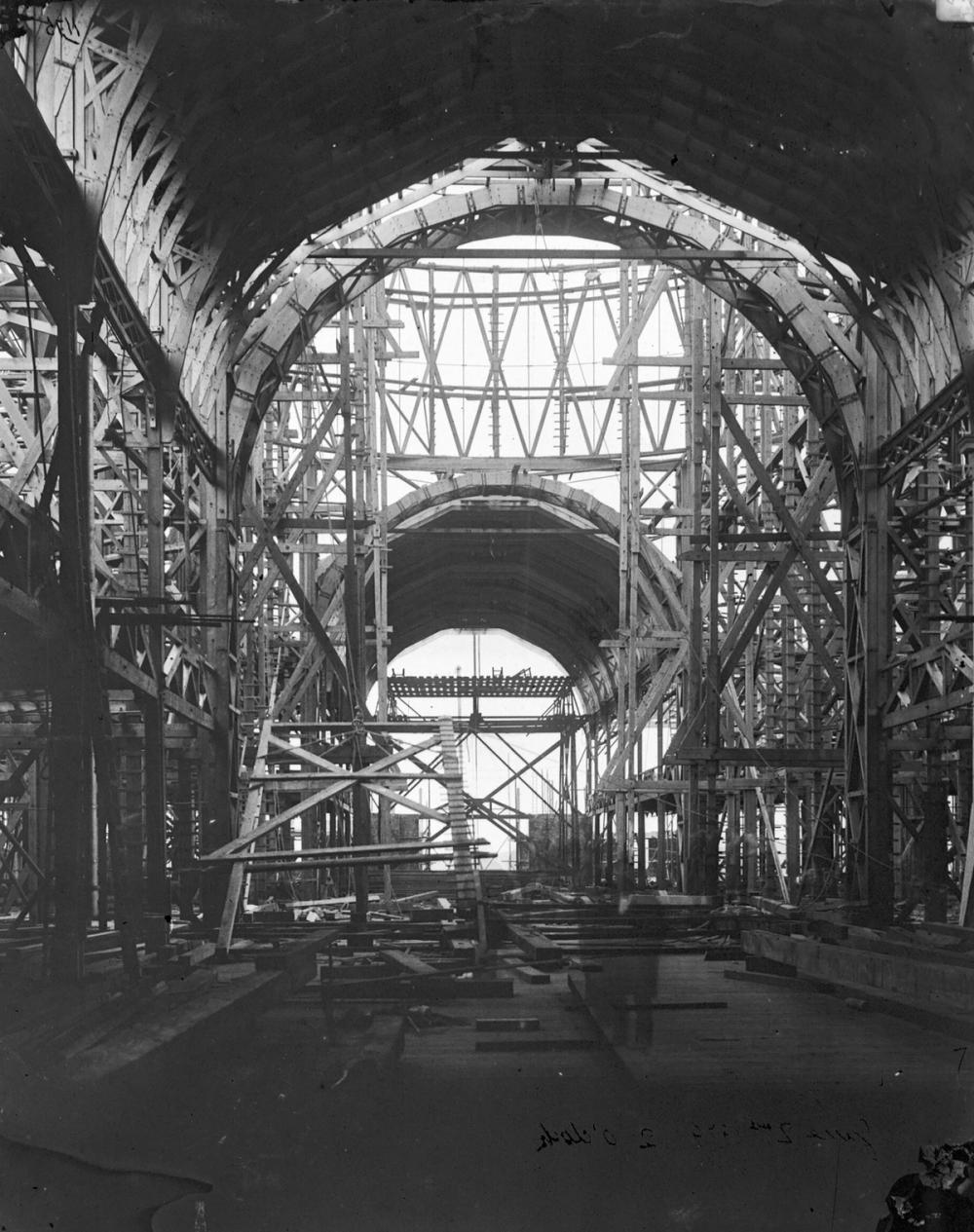 Black and white image of the Sydney International Exhibition being constructed