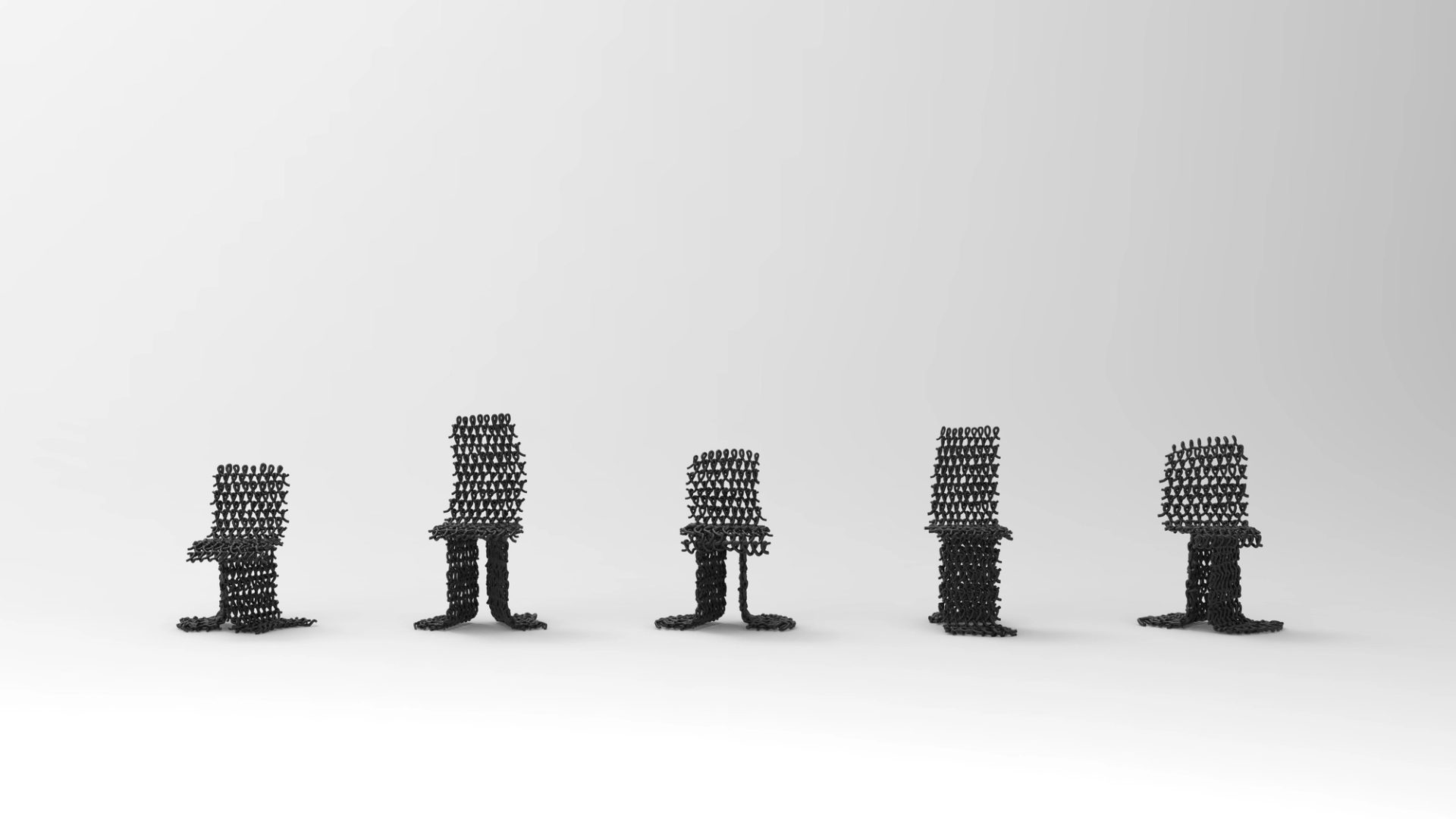 Five black 3D printed woven chairs in various shapes presented in a row.