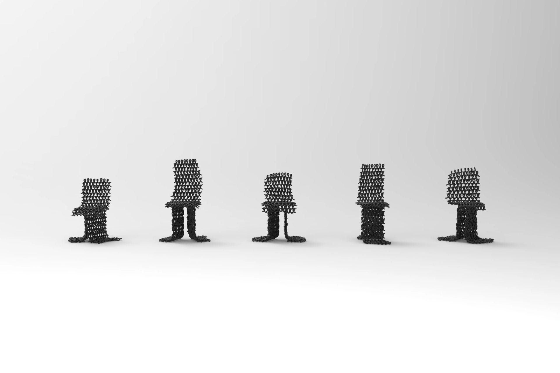 Five black 3D printed woven chairs in various shapes presented in a row.