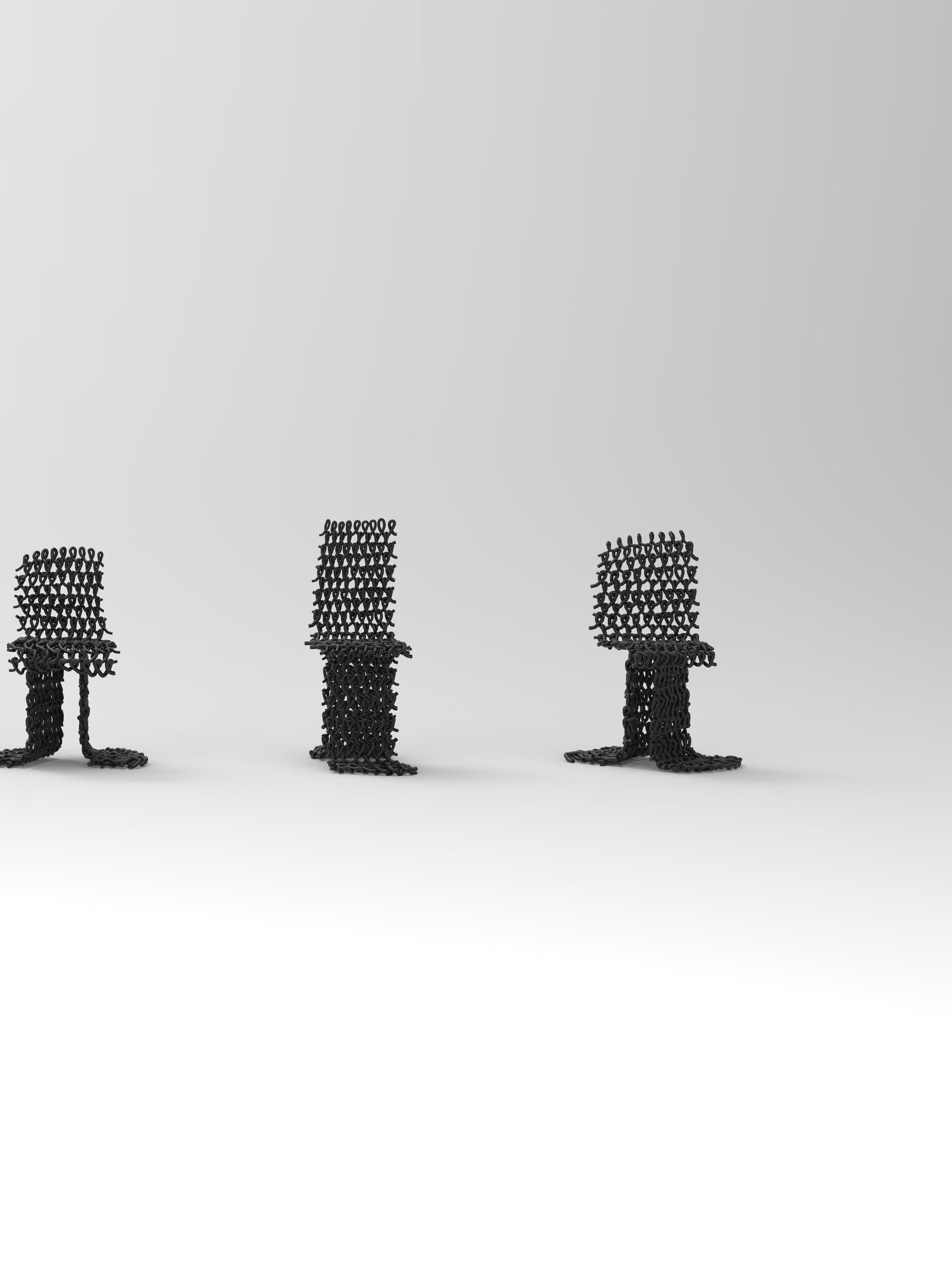 Five black 3D printed woven chairs in various shapes presented in a row.